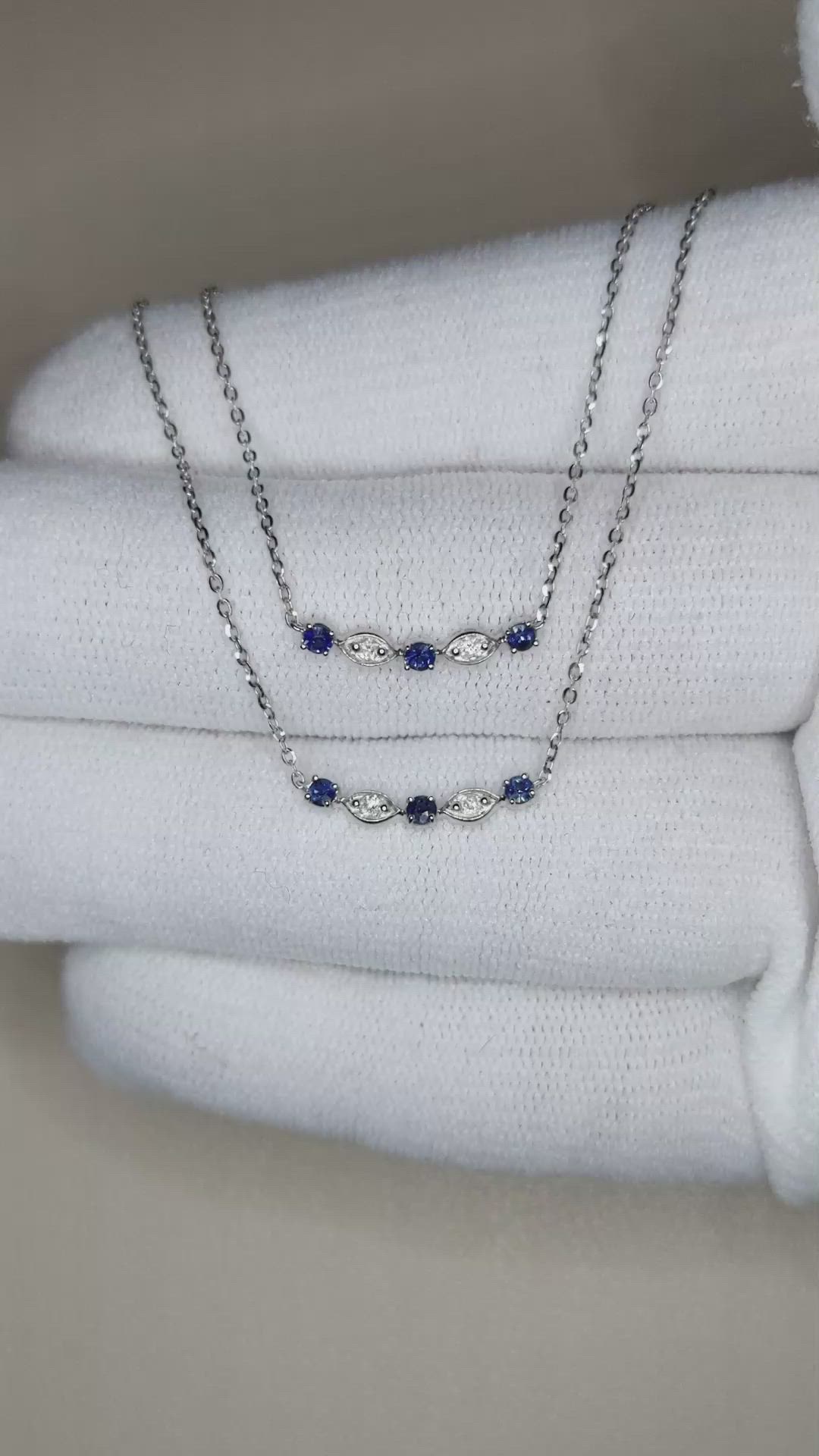 0.07 Ct. Natural Diamond and Blue Sapphire Bezel Necklace, 14K White Gold Size Video
