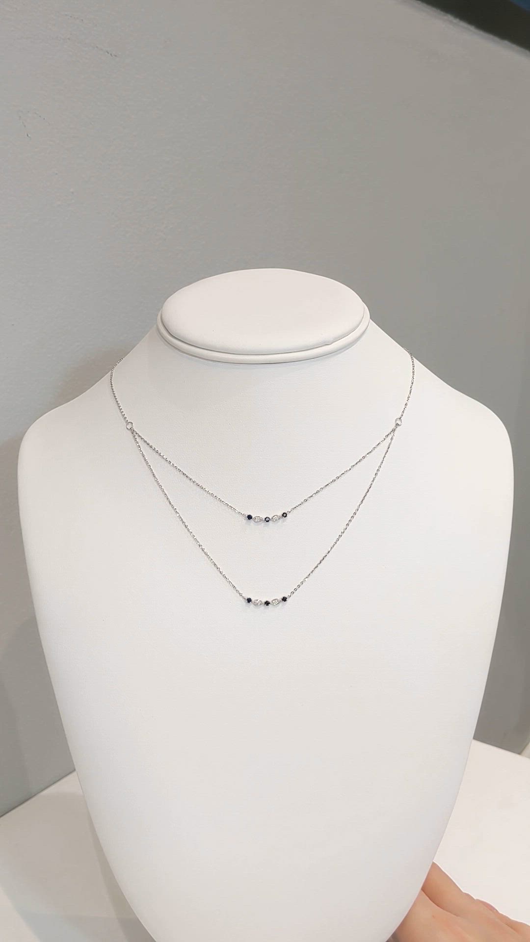0.07 Ct. Natural Diamond and Blue Sapphire Bezel Necklace, 14K White Gold Size Video