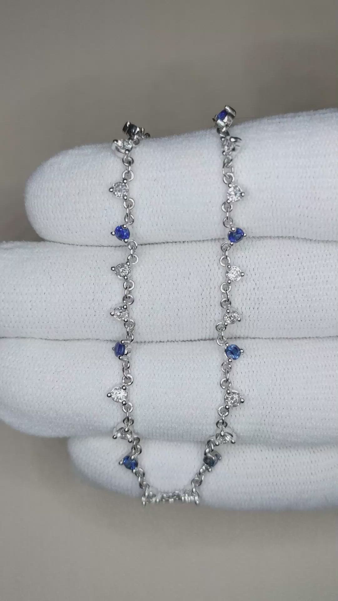 0.64 Ct. Natural Diamond and Blue Sapphire Tennis/Riviere Necklace, 14K White Gold Size Video