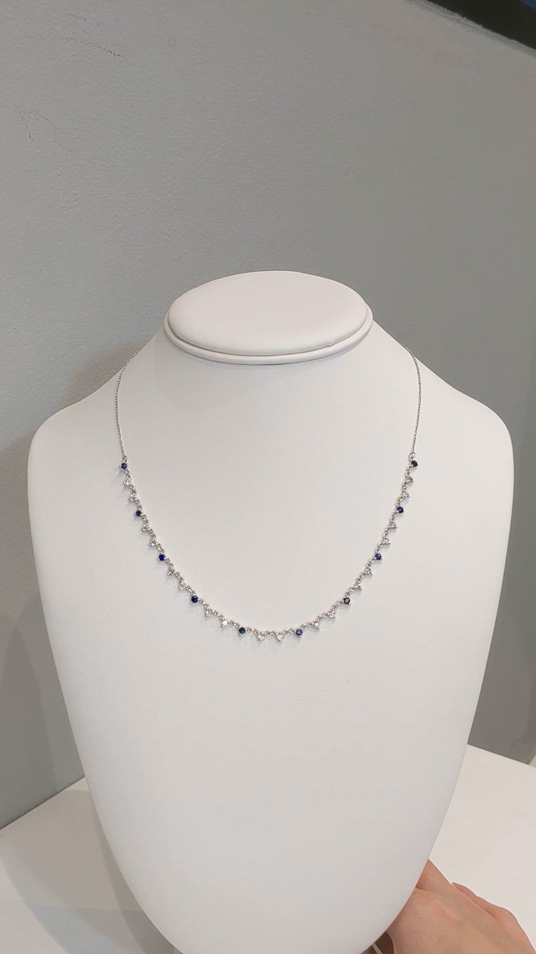 0.64 Ct. Natural Diamond and Blue Sapphire Tennis/Riviere Necklace, 14K White Gold Size Video