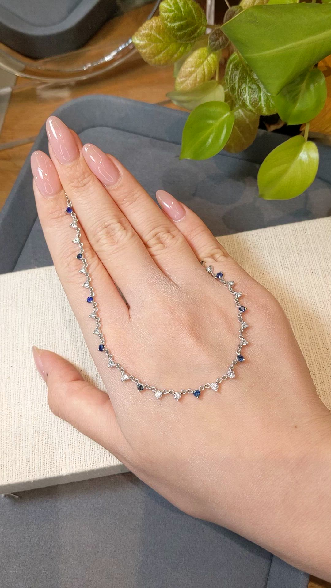 0.64 Ct. Natural Diamond and Blue Sapphire Tennis/Riviere Necklace, 14K White Gold Size Video