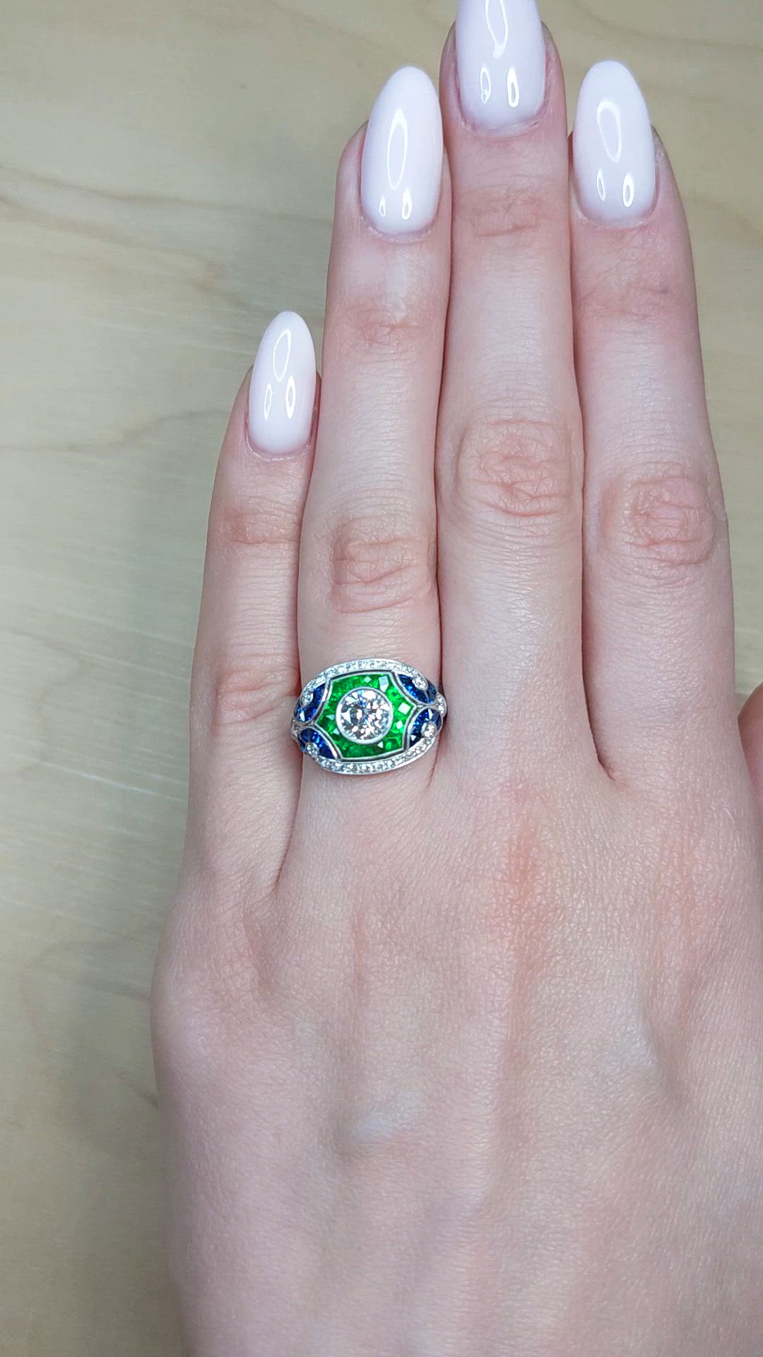 1.80 Ct.Tw.Total Carat Weight Natural Diamond, Blue Sapphire and Emerald Pave Ring, Platinum 950 Size Video