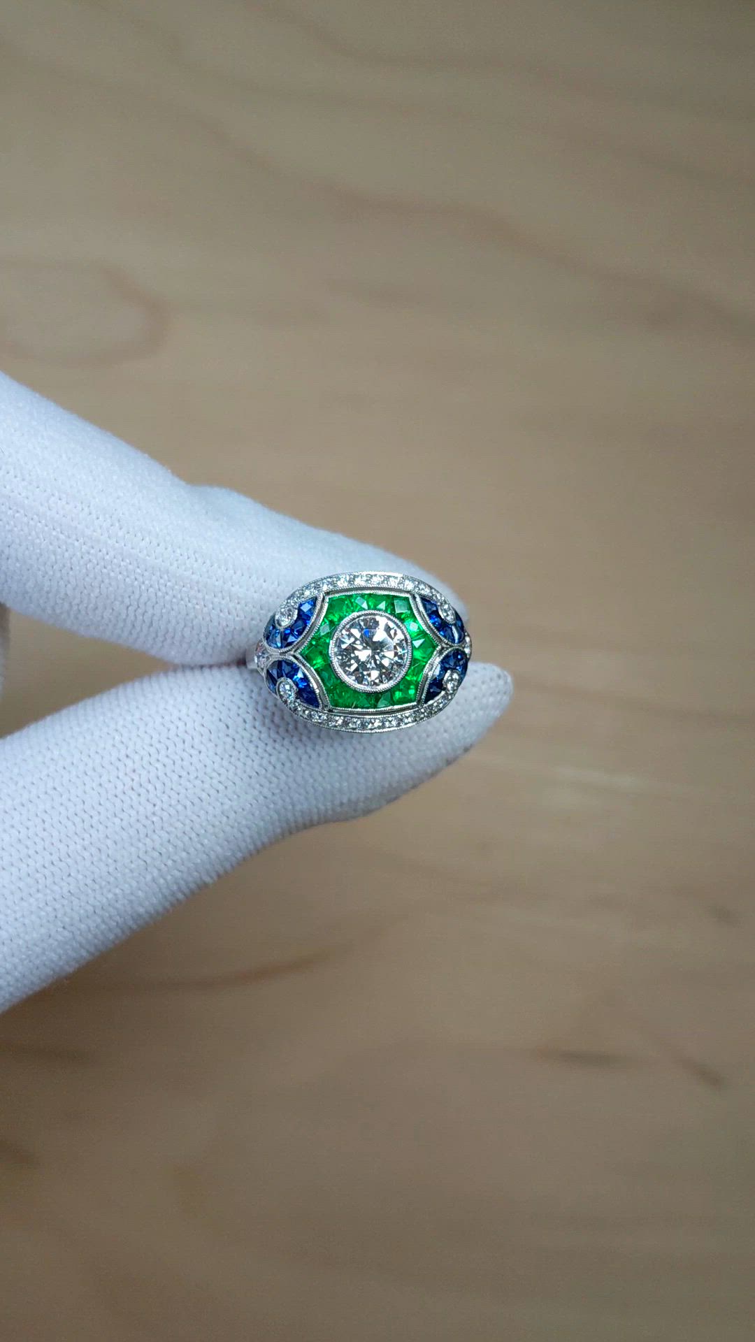 1.80 Ct.Tw.Total Carat Weight Natural Diamond, Blue Sapphire and Emerald Pave Ring, Platinum 950 Size Video