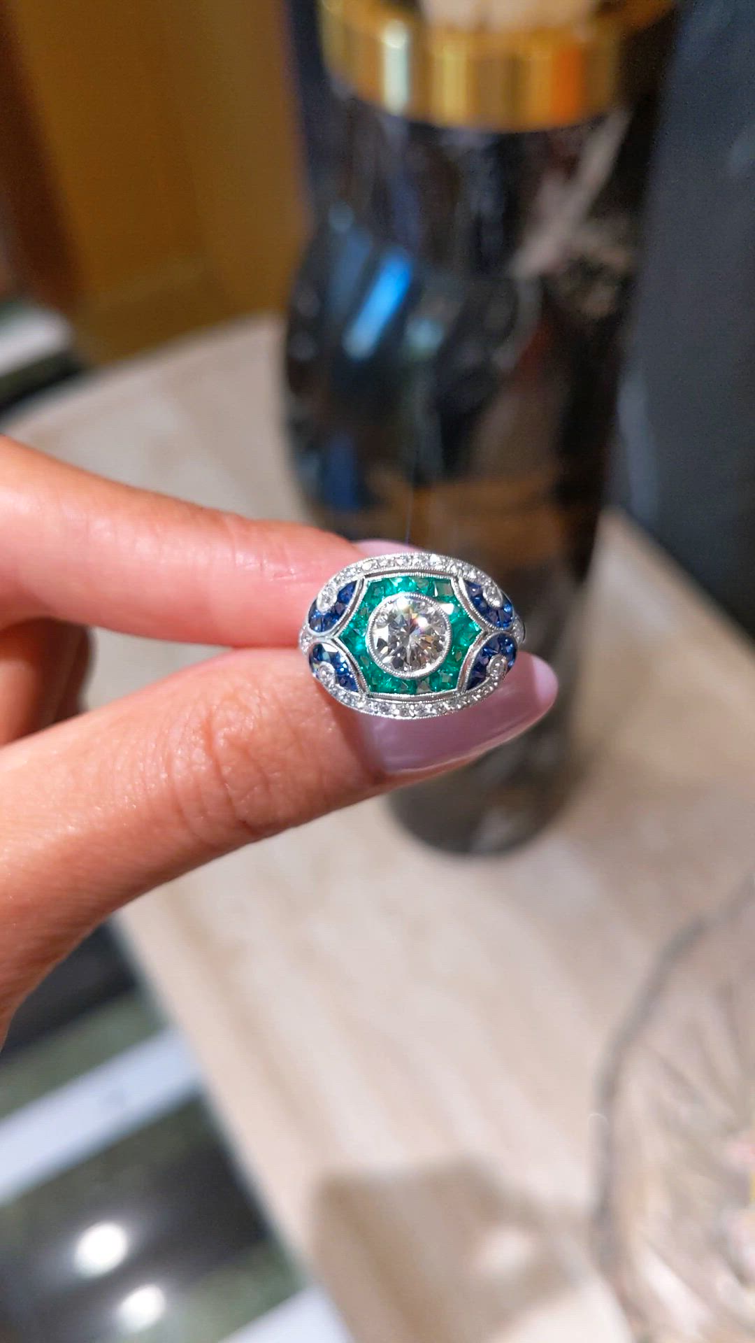 1.80 Ct.Tw.Total Carat Weight Natural Diamond, Blue Sapphire and Emerald Pave Ring, Platinum 950 Size Video