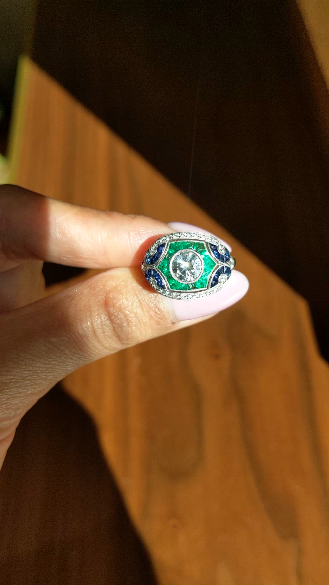 1.80 Ct.Tw.Total Carat Weight Natural Diamond, Blue Sapphire and Emerald Pave Ring, Platinum 950 Size Video