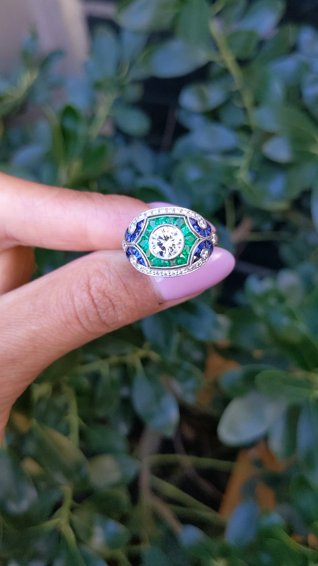 1.80 Ct.Tw.Total Carat Weight Natural Diamond, Blue Sapphire and Emerald Pave Ring, Platinum 950 Size Video