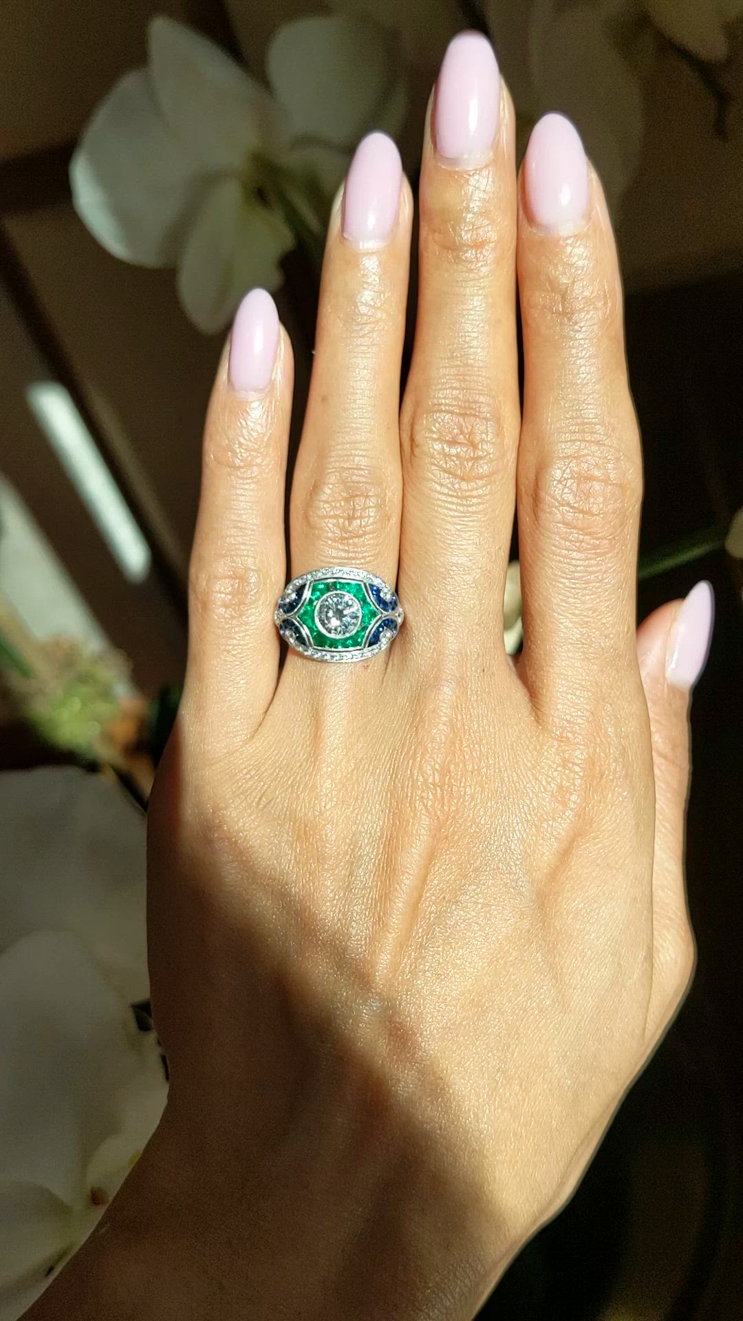 1.80 Ct.Tw.Total Carat Weight Natural Diamond, Blue Sapphire and Emerald Pave Ring, Platinum 950 Size Video