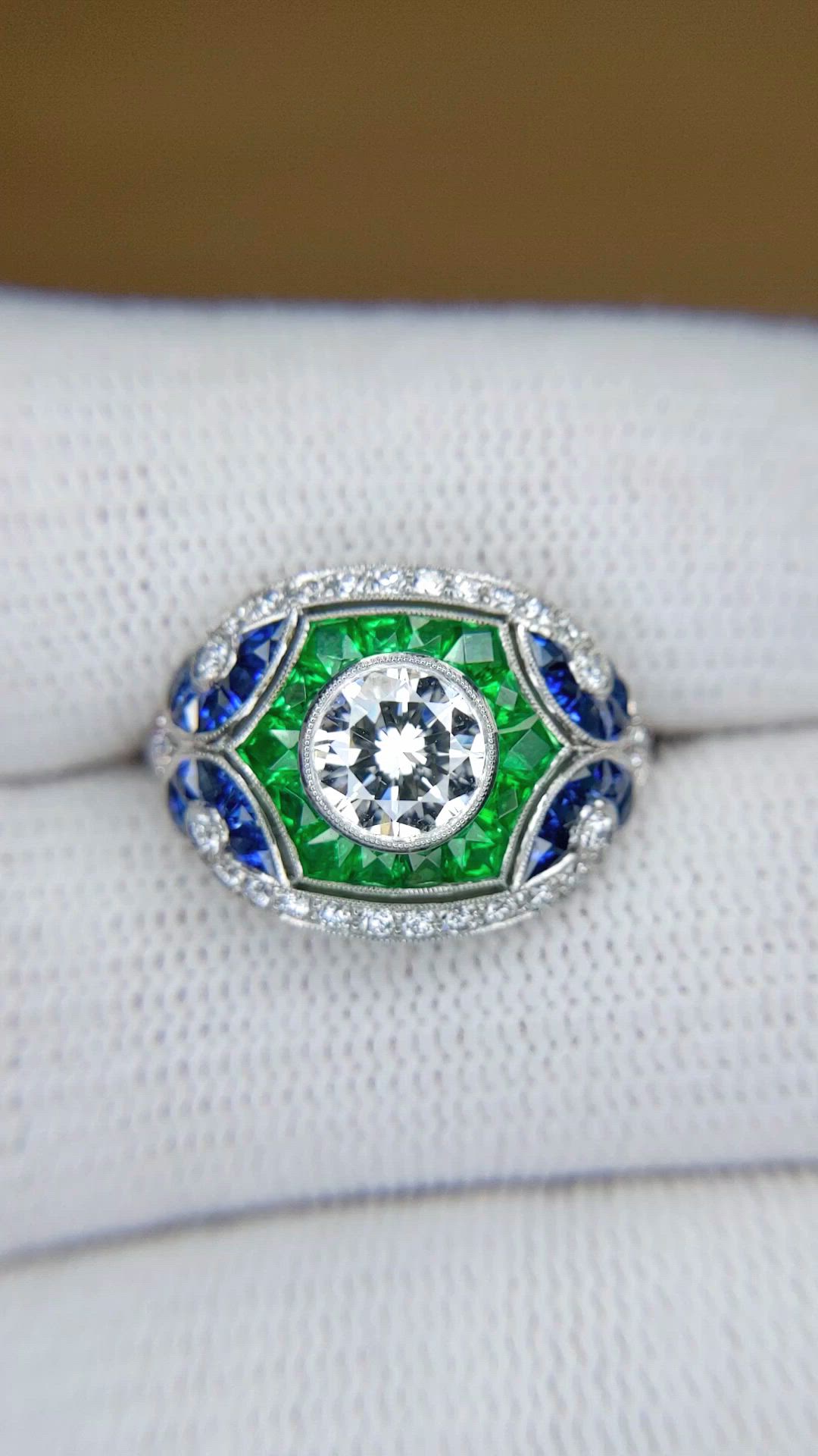 1.80 Ct.Tw.Total Carat Weight Natural Diamond, Blue Sapphire and Emerald Pave Ring, Platinum 950 Size Video