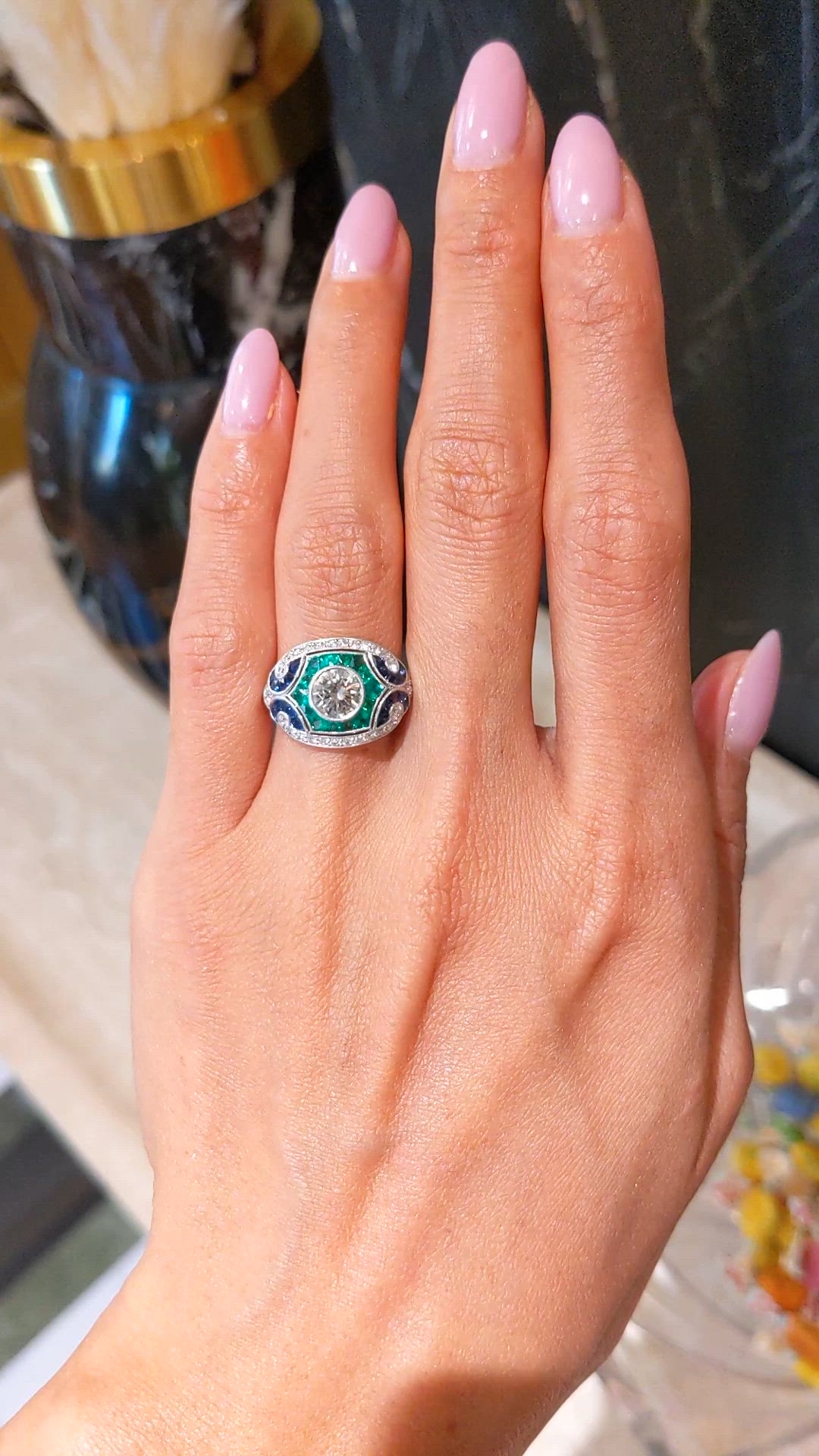 1.80 Ct.Tw.Total Carat Weight Natural Diamond, Blue Sapphire and Emerald Pave Ring, Platinum 950 Size Video