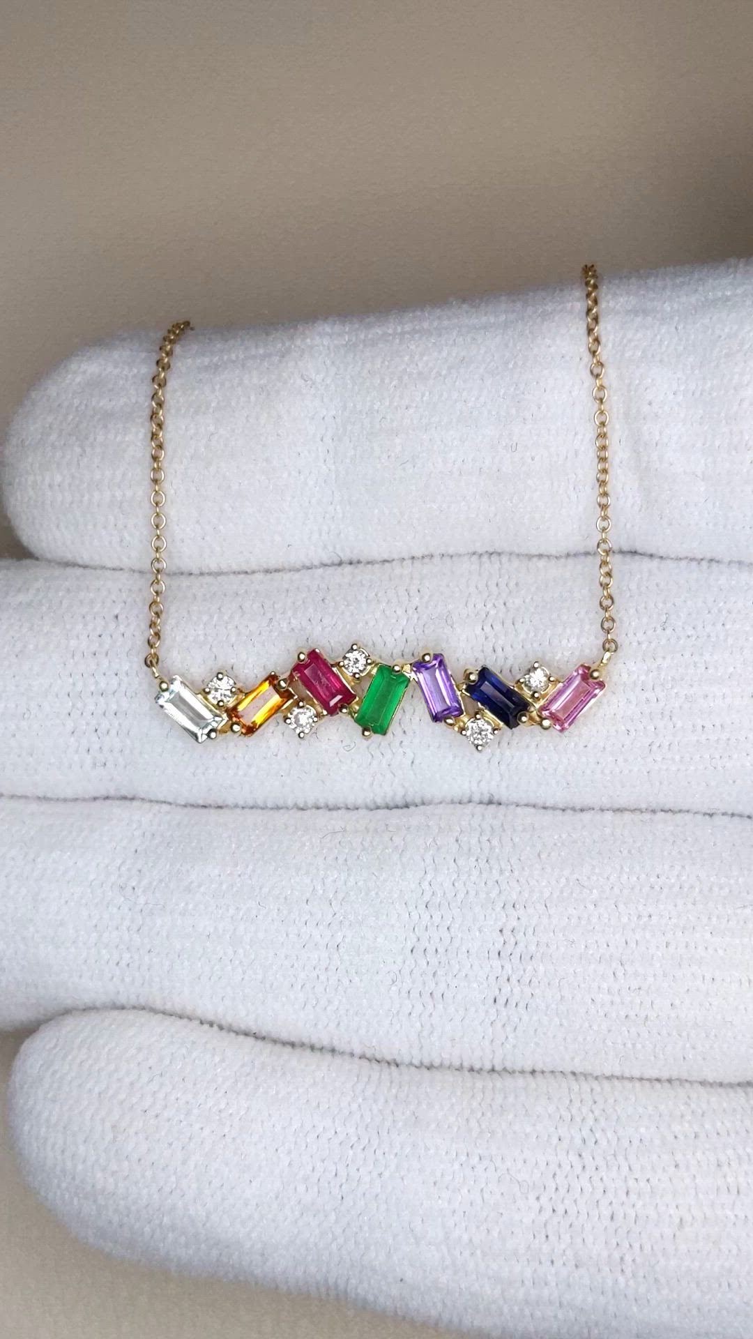 0.97 Ct.Tw.Total Carat Weight Sapphire, Aquamarine, Ruby, Emerald, Amethyst and Natural Diamond Accent Stones Necklace, 14K Yellow Gold Size Video