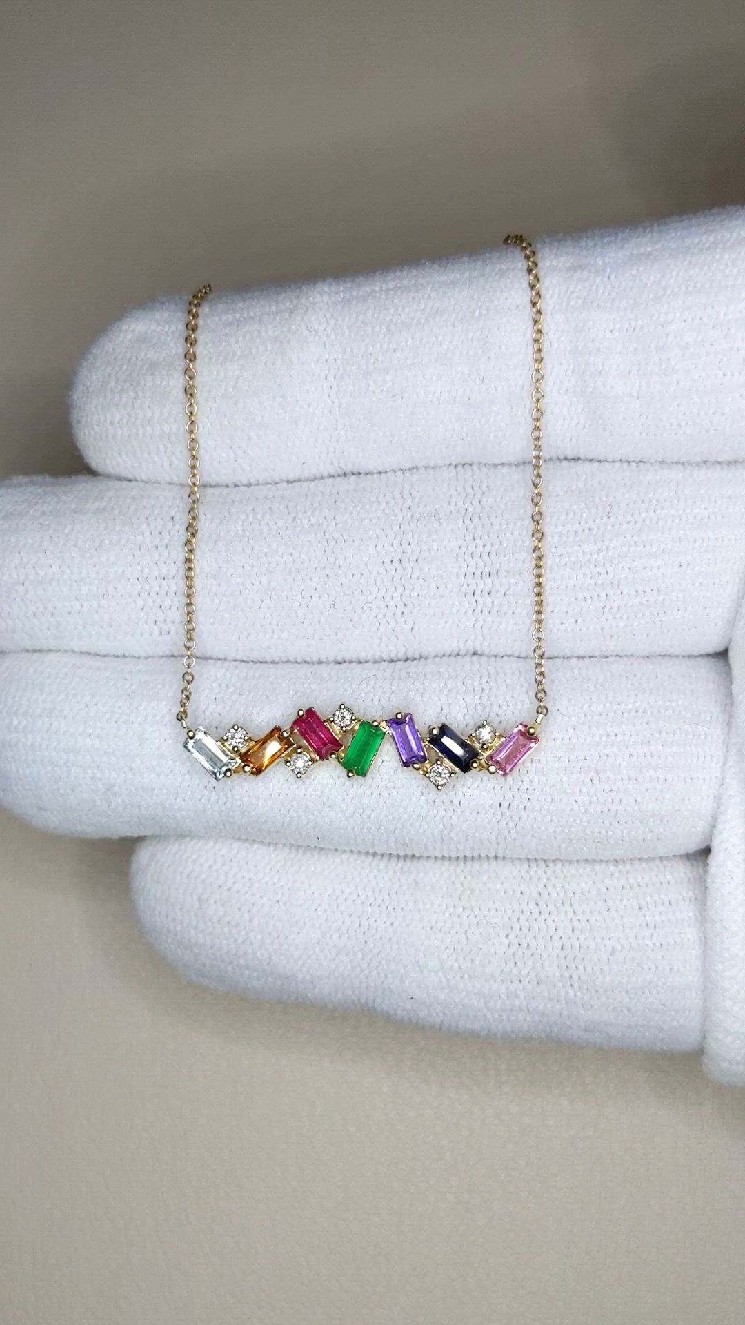 0.97 Ct.Tw.Total Carat Weight Sapphire, Aquamarine, Ruby, Emerald, Amethyst and Natural Diamond Accent Stones Necklace, 14K Yellow Gold Size Video