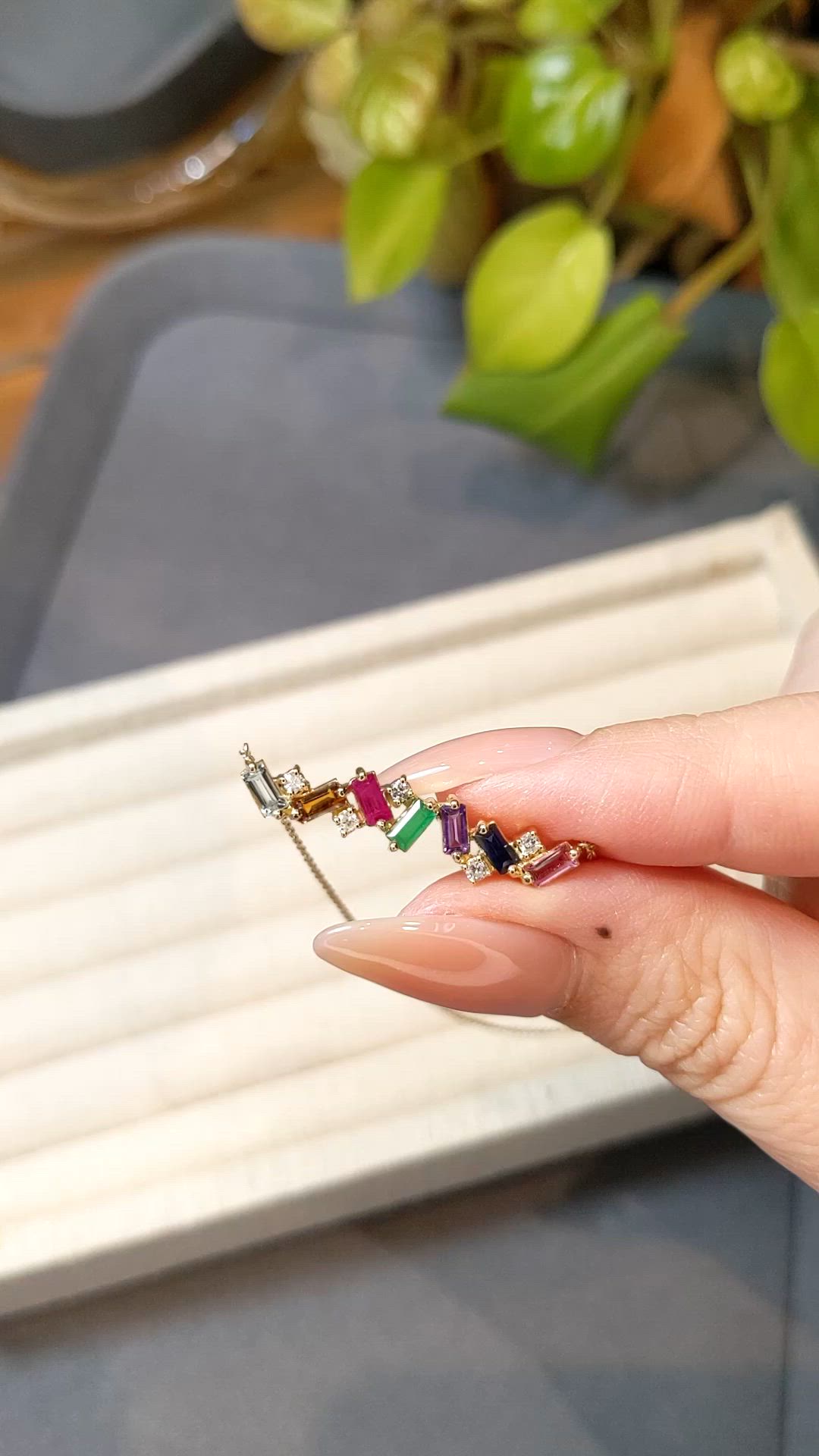 0.97 Ct.Tw.Total Carat Weight Sapphire, Aquamarine, Ruby, Emerald, Amethyst and Natural Diamond Accent Stones Necklace, 14K Yellow Gold Size Video