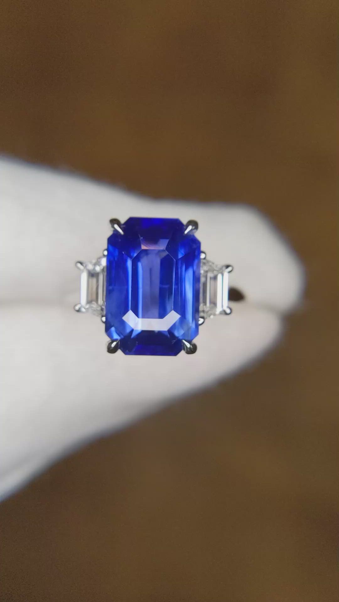 6.79 Ct. Blue Sapphire and Natural Diamond Three Stone Ring, Platinum 950 Size Video