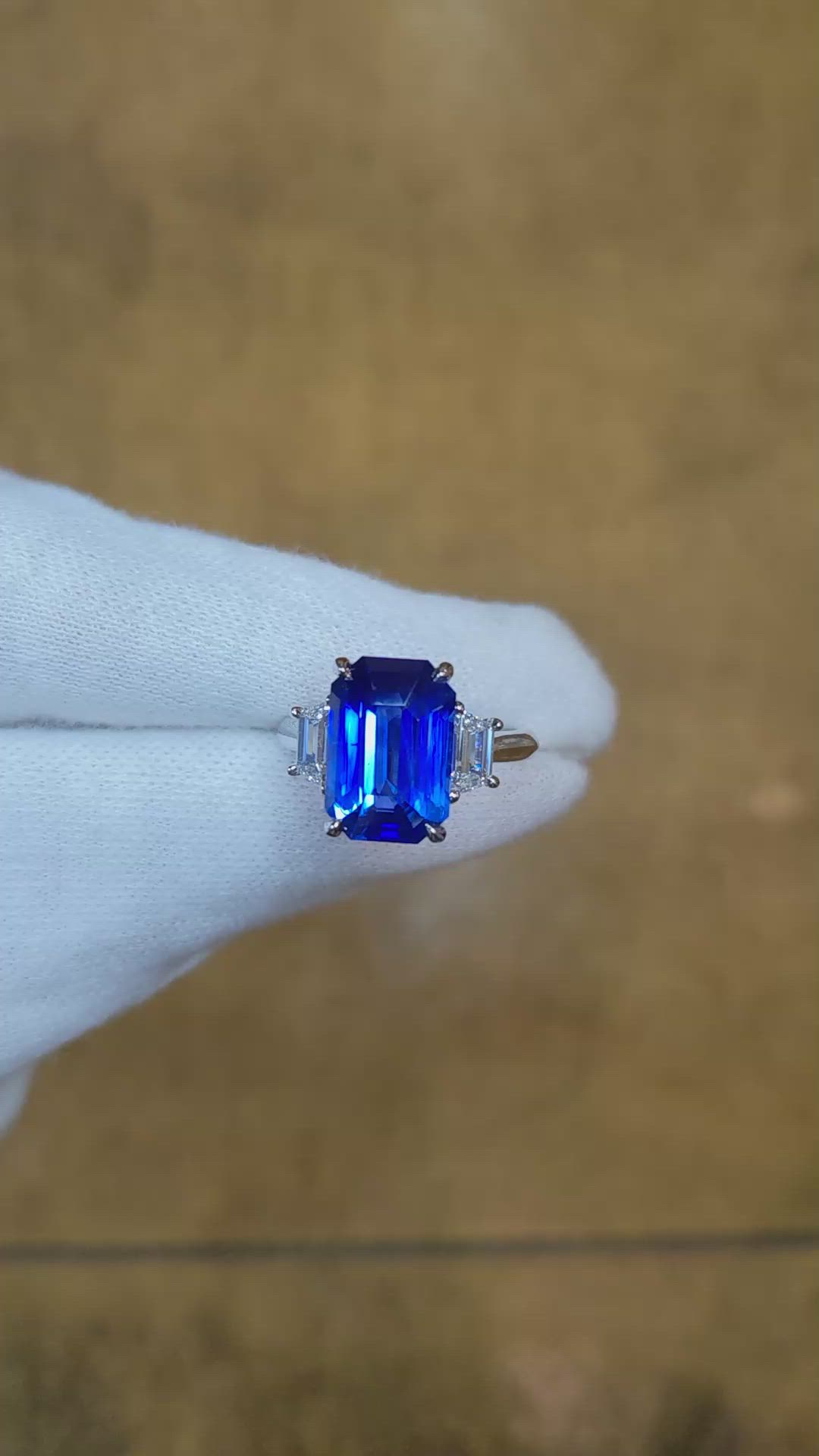6.79 Ct. Blue Sapphire and Natural Diamond Three Stone Ring, Platinum 950 Size Video