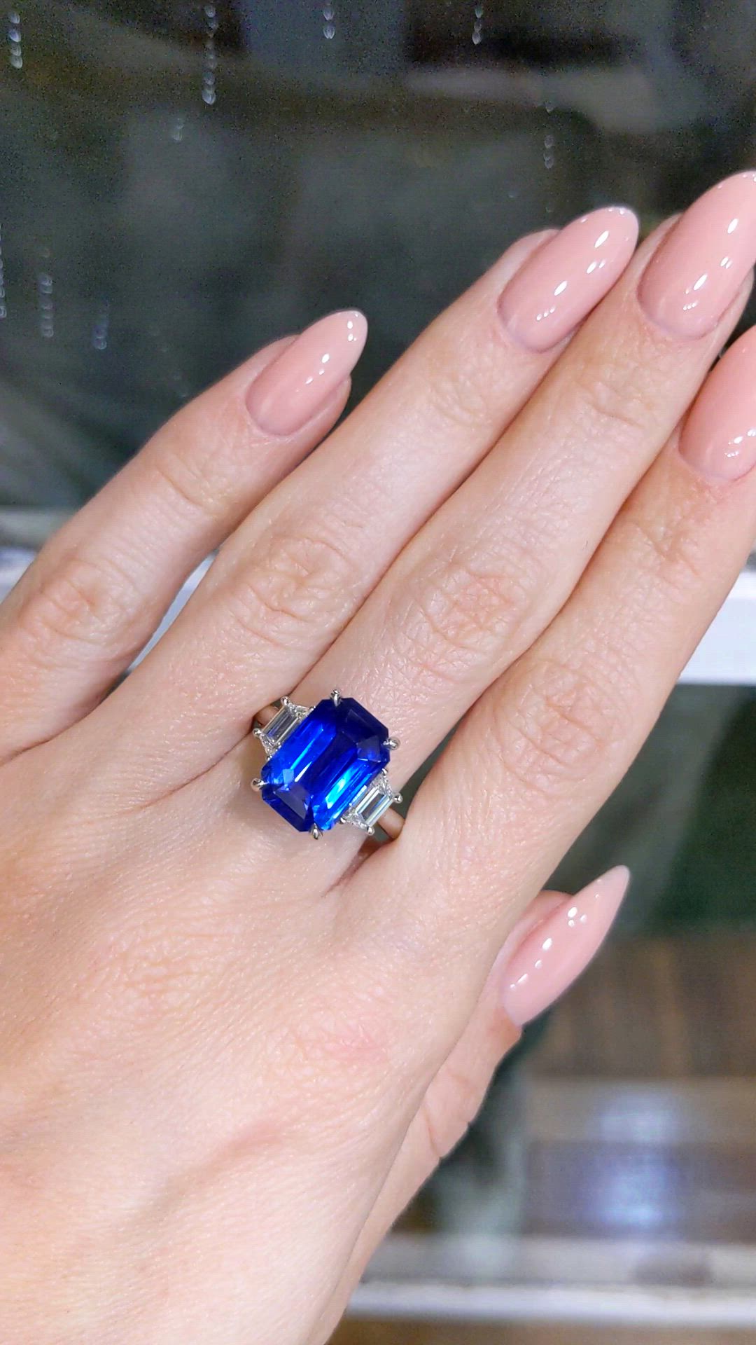 6.79 Ct. Blue Sapphire and Natural Diamond Three Stone Ring, Platinum 950 Size Video