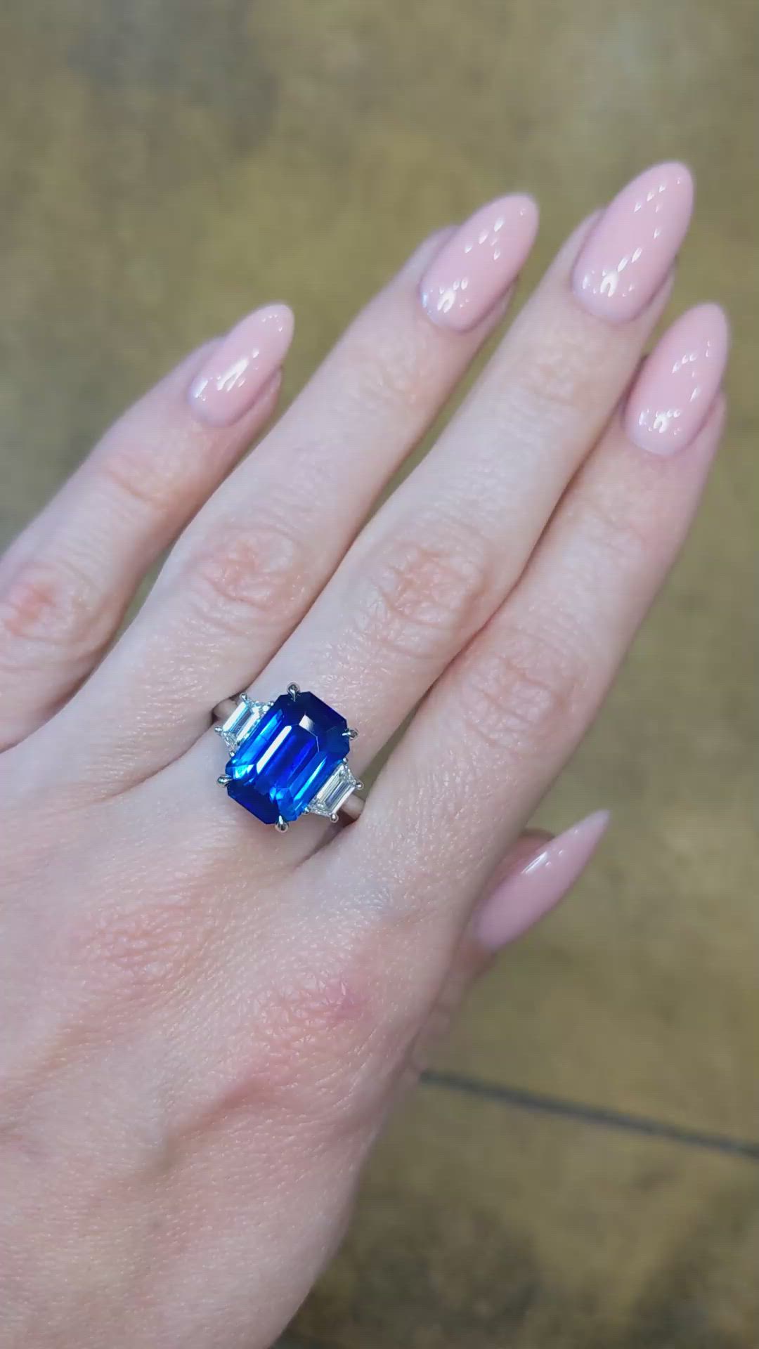 6.79 Ct. Blue Sapphire and Natural Diamond Three Stone Ring, Platinum 950 Size Video