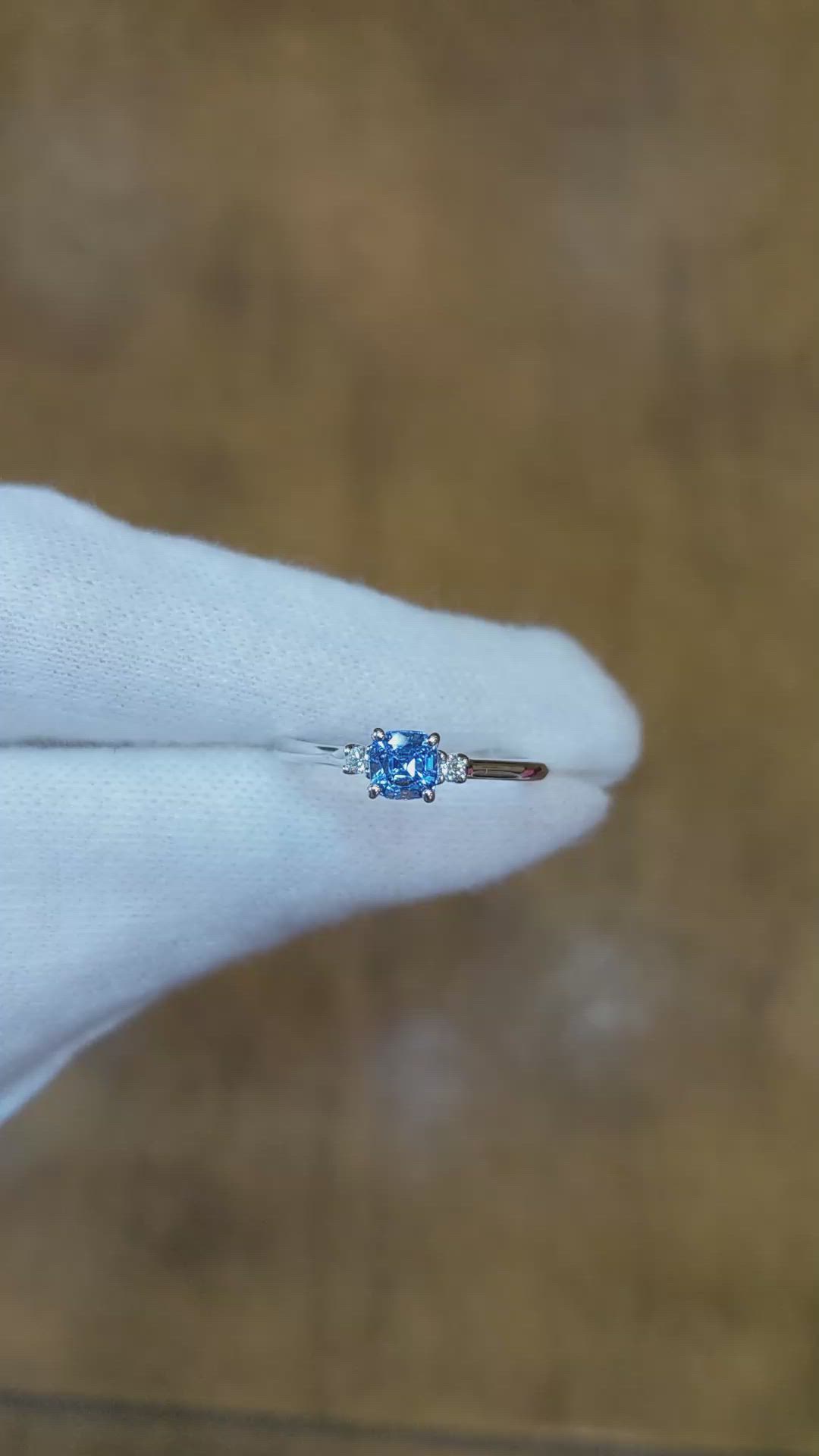0.76 Ct. Blue Sapphire and Natural Diamond Three Stone Ring, 14K White Gold Size Video
