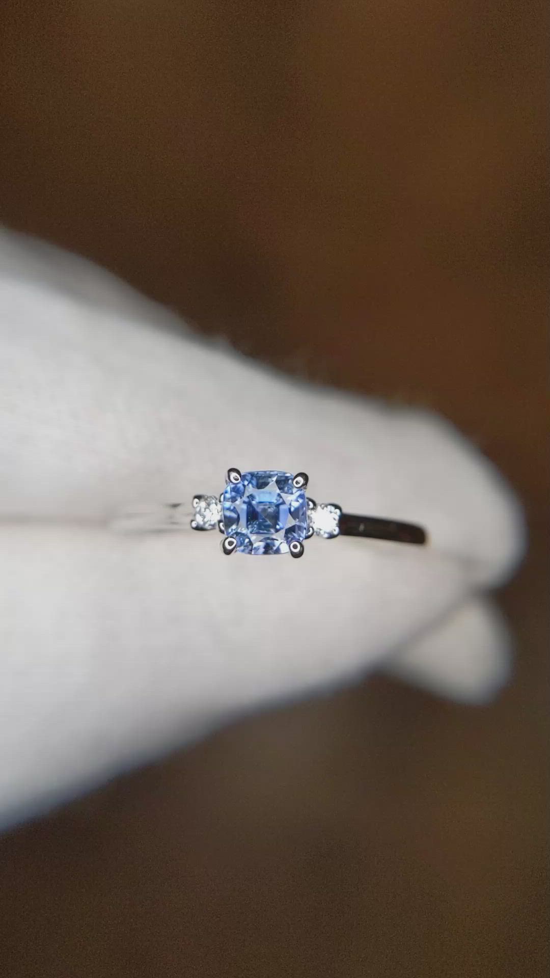 0.76 Ct. Blue Sapphire and Natural Diamond Three Stone Ring, 14K White Gold Size Video