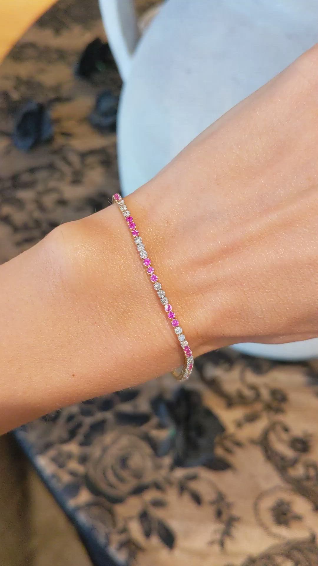 1.18 Ct.Tw. Pink Sapphire and Natural Diamond Tennis/Line Bracelet, 14K Yellow Gold Size Video