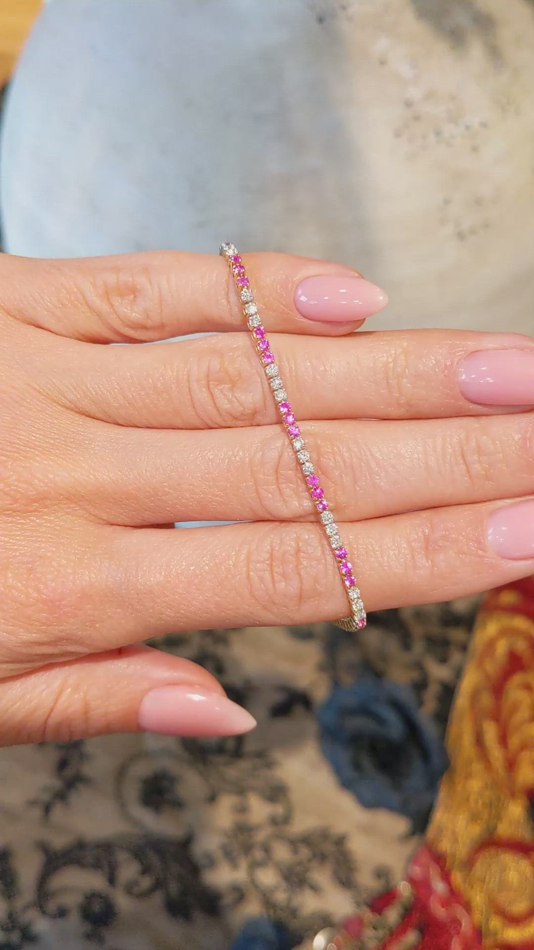 1.18 Ct.Tw. Pink Sapphire and Natural Diamond Tennis/Line Bracelet, 14K Yellow Gold Size Video