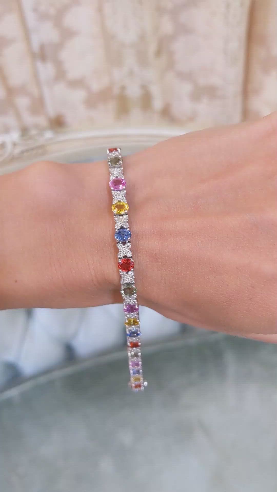 9.60 Ct.Tw. Multi Color Sapphire and Natural Diamond Halo Bracelet, 18K White Gold Size Video