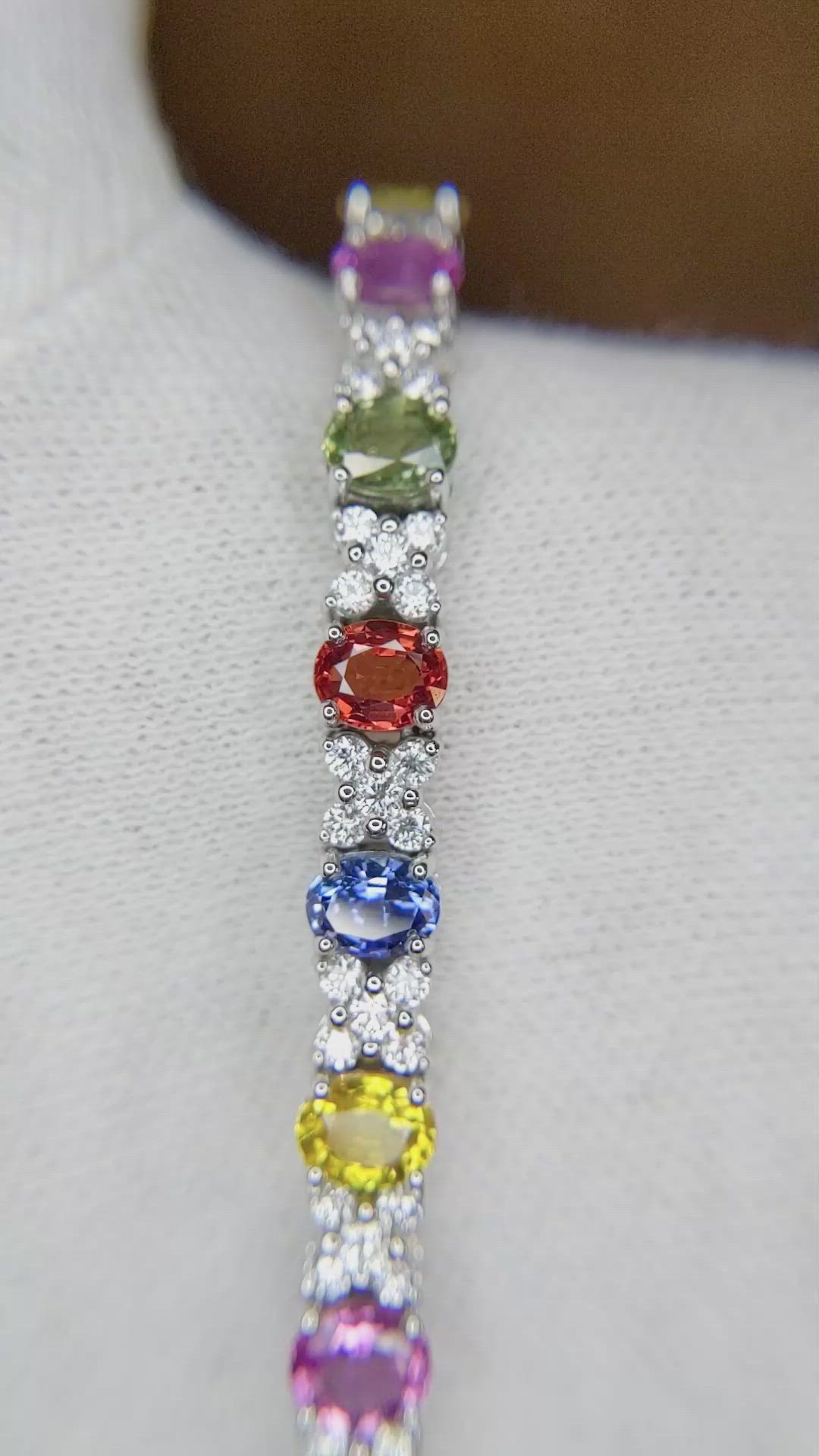 9.60 Ct.Tw. Multi Color Sapphire and Natural Diamond Halo Bracelet, 18K White Gold Size Video