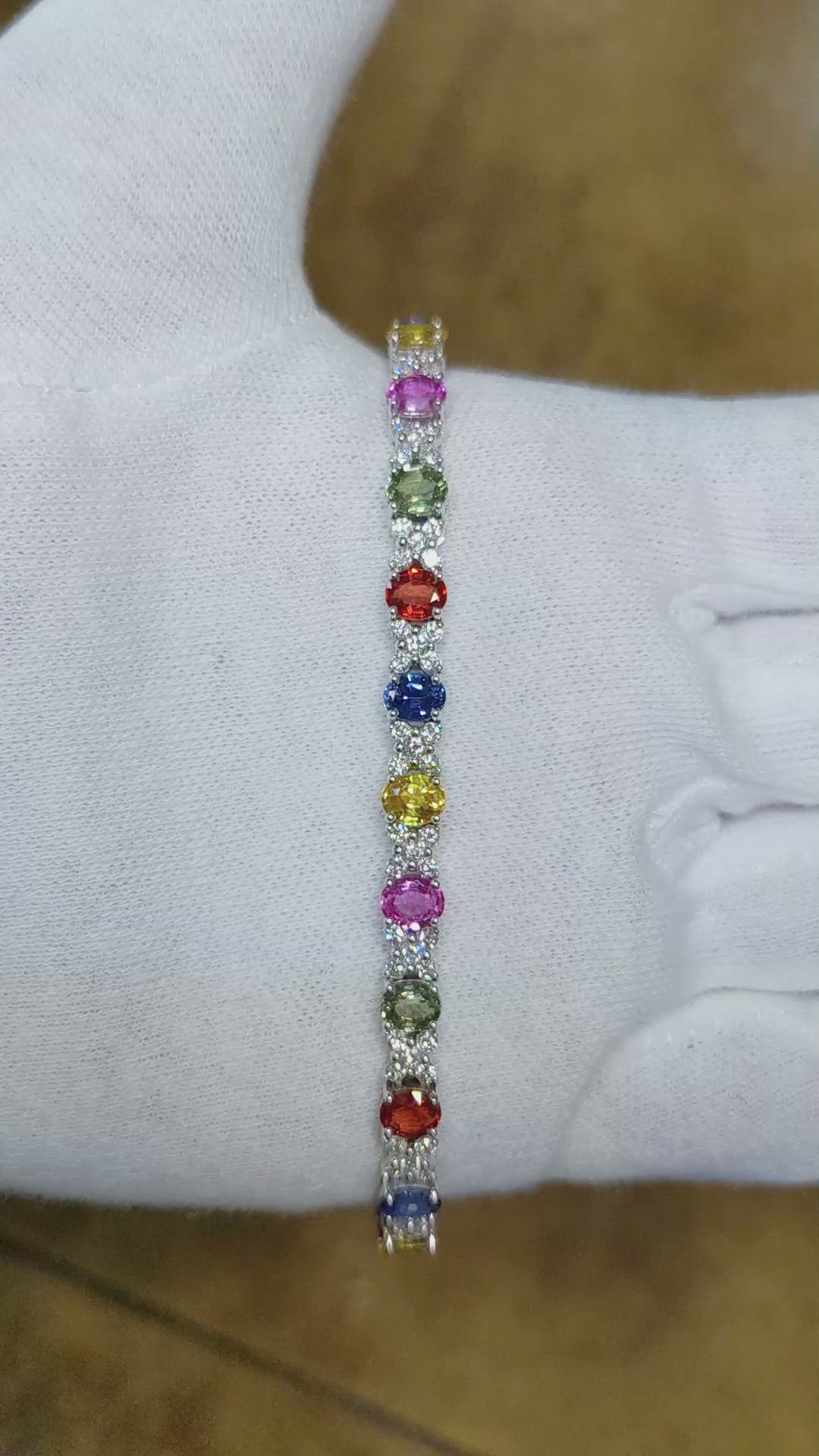 9.60 Ct.Tw. Multi Color Sapphire and Natural Diamond Halo Bracelet, 18K White Gold Size Video