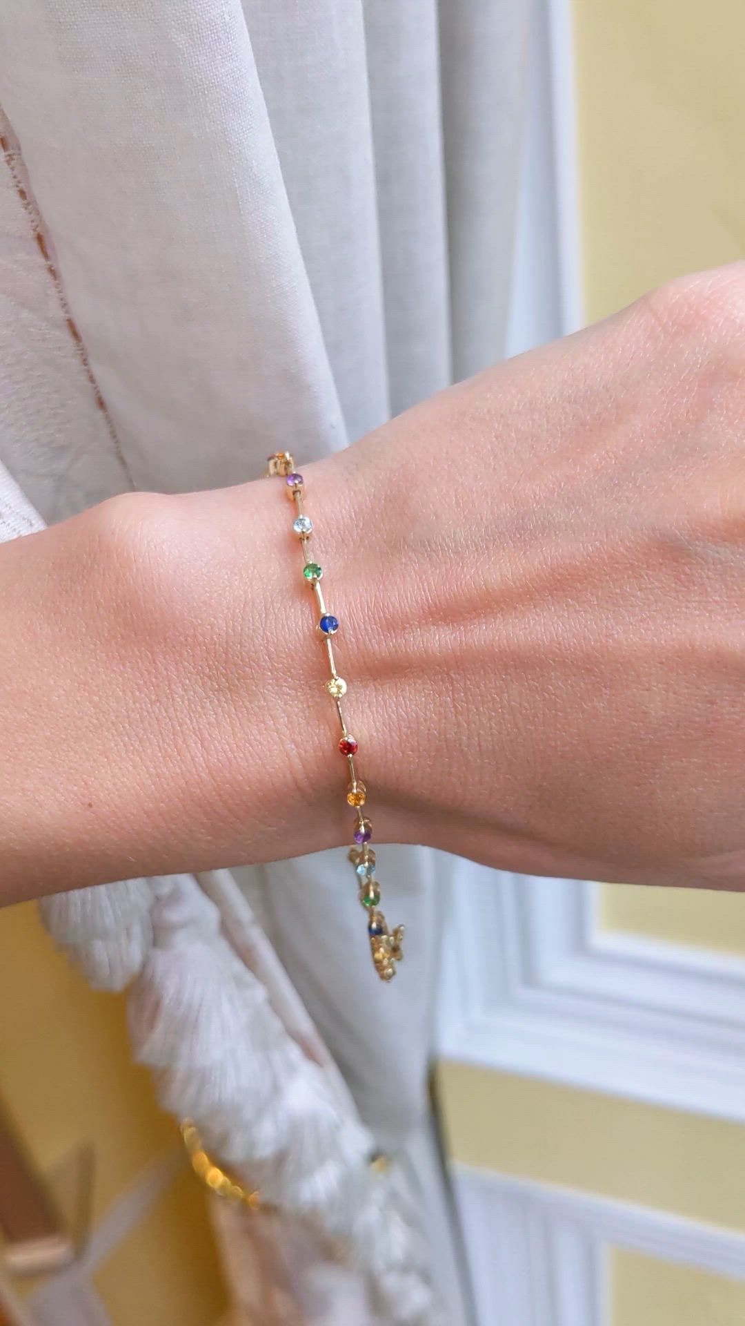 0.05 Ct.Tw. Blue Aquamarine, Mixed Sapphire, Purple Amethyst, Blue Topaz, Green Tsavorite Garnet and Orange Citrine Tennis/Riviere Bracelet, 14K Yellow Gold Size Video