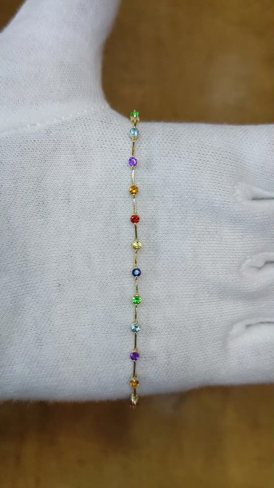 0.05 Ct.Tw. Blue Aquamarine, Mixed Sapphire, Purple Amethyst, Blue Topaz, Green Tsavorite Garnet and Orange Citrine Tennis/Riviere Bracelet, 14K Yellow Gold Size Video