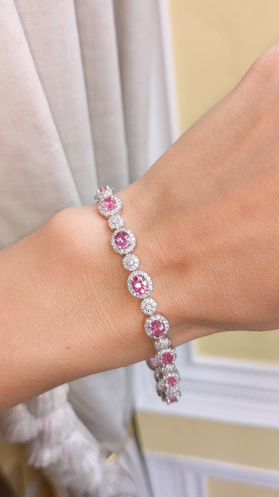 6.15 Ct.Tw. Pink Sapphire and Natural Diamond Pave Bracelet, 18K White Gold Size Video