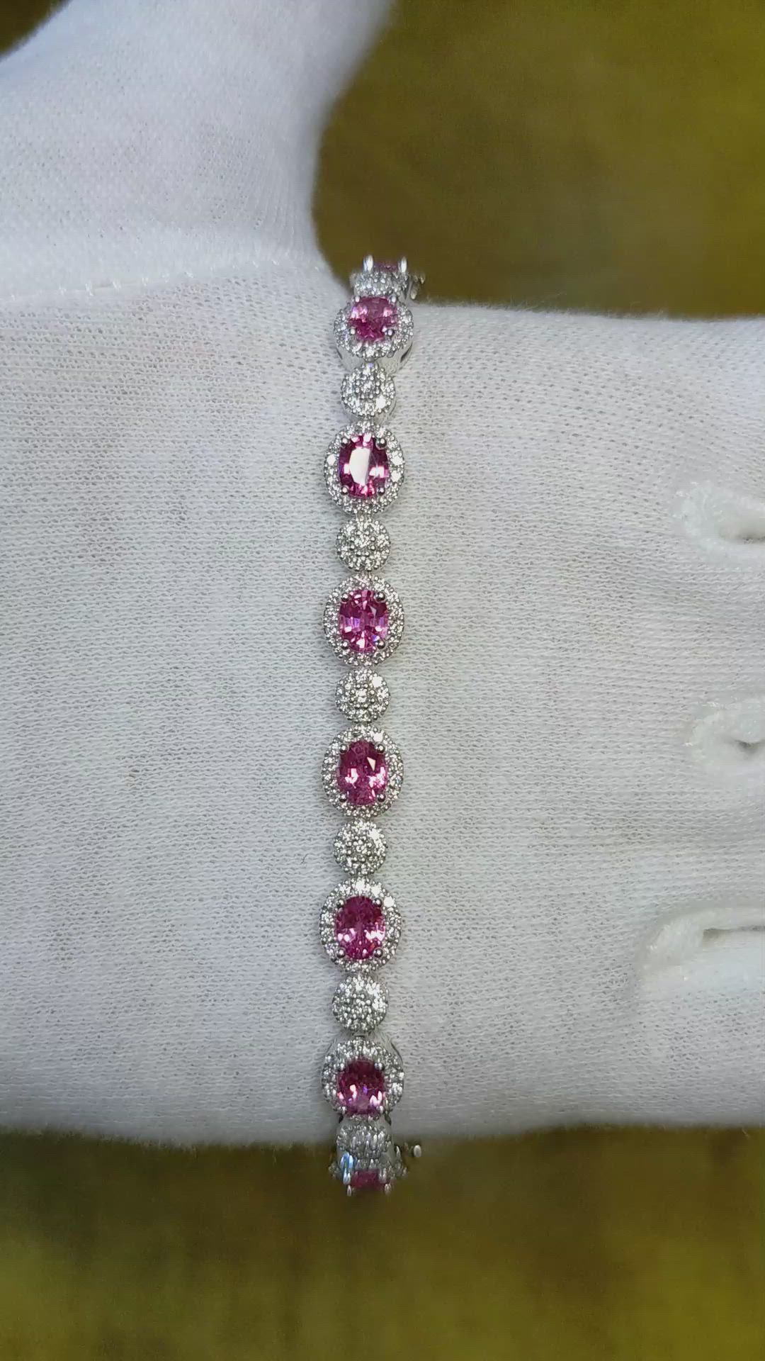 6.15 Ct.Tw. Pink Sapphire and Natural Diamond Pave Bracelet, 18K White Gold Size Video