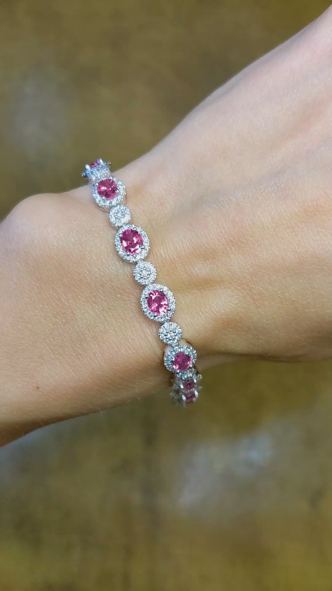 6.15 Ct.Tw. Pink Sapphire and Natural Diamond Pave Bracelet, 18K White Gold Size Video