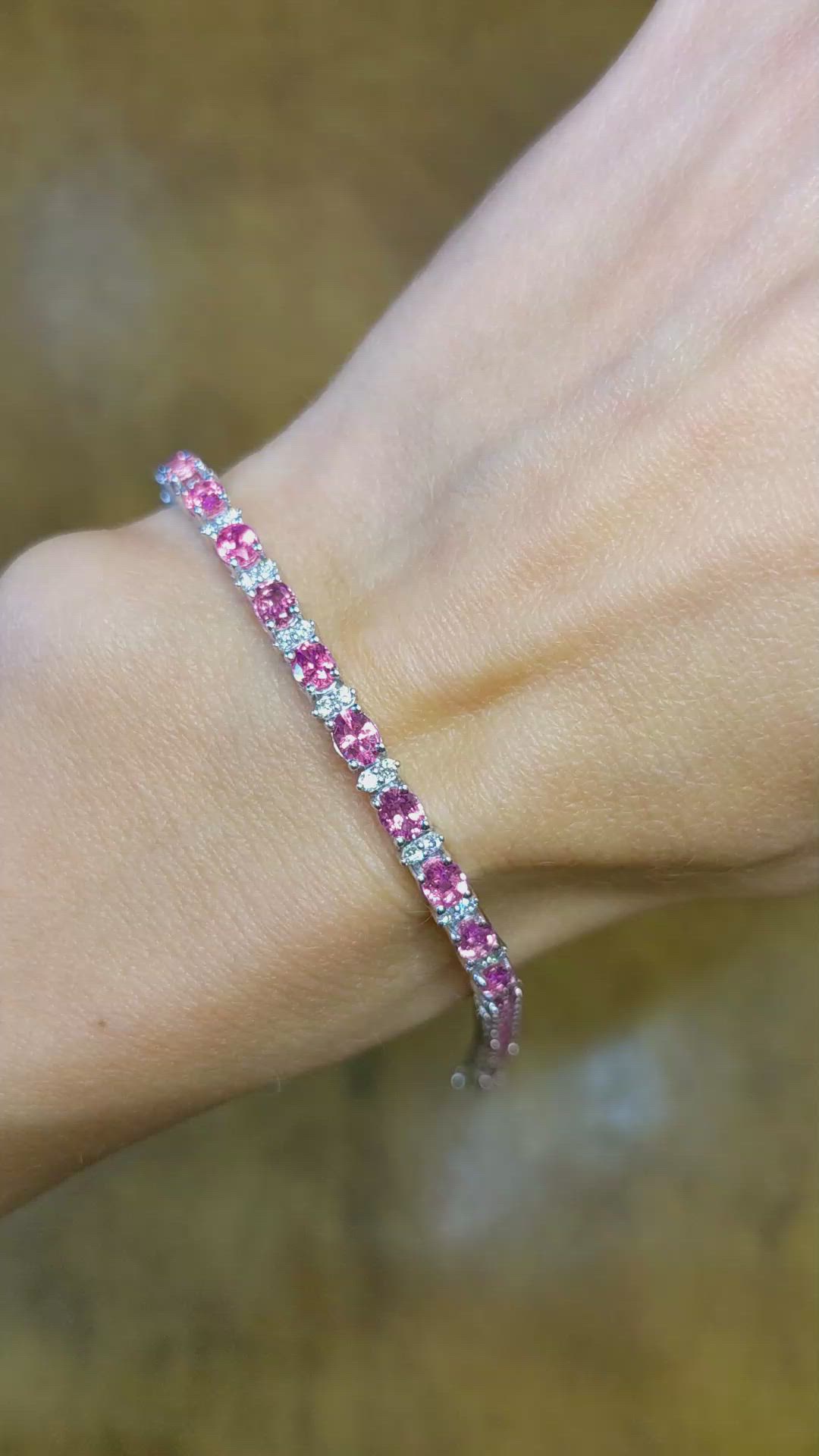 6.17 Ct.Tw. Pink Sapphire and Natural Diamond Pave Bracelet, 18K White Gold Size Video