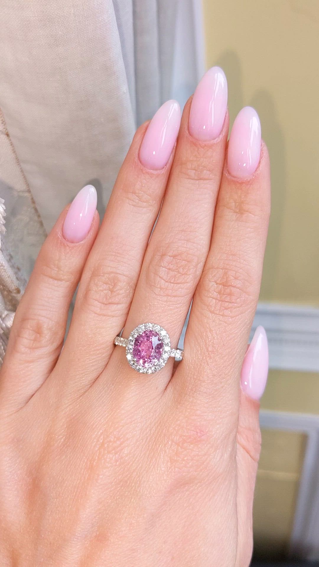 2.55 Ct. Pink Sapphire and Natural Diamond Pave Ring, 18K White Gold Size Video