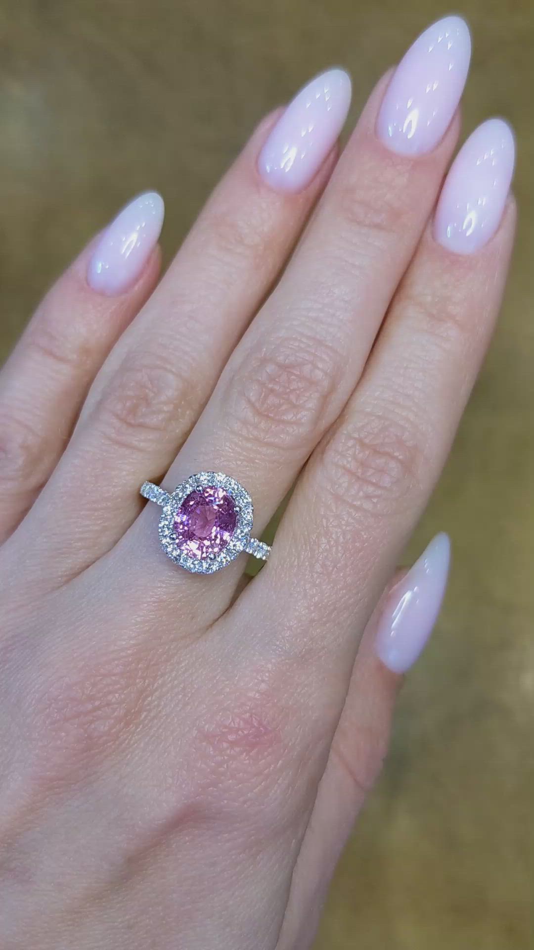 2.55 Ct. Pink Sapphire and Natural Diamond Pave Ring, 18K White Gold Size Video