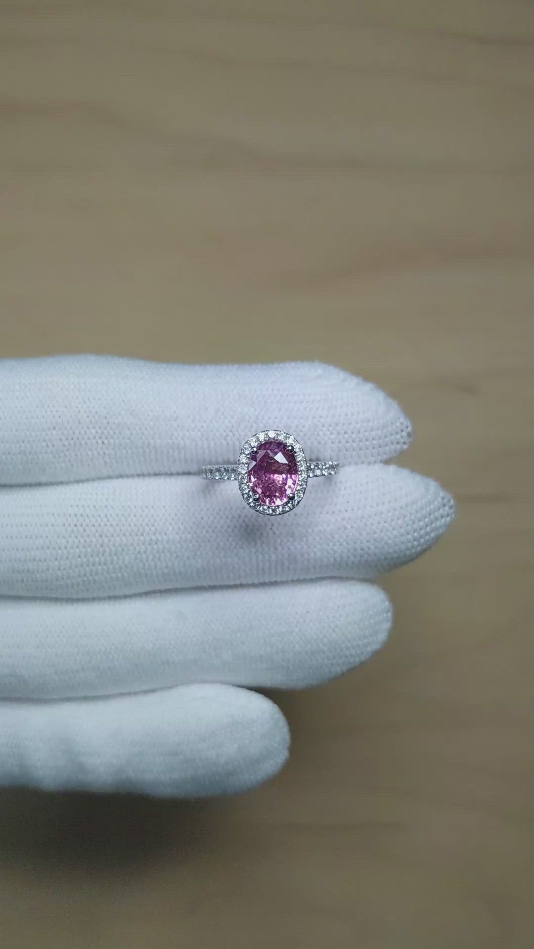 2.41 Ct. Pink Sapphire and Natural Diamond Pave Ring, 14K White Gold Size Video