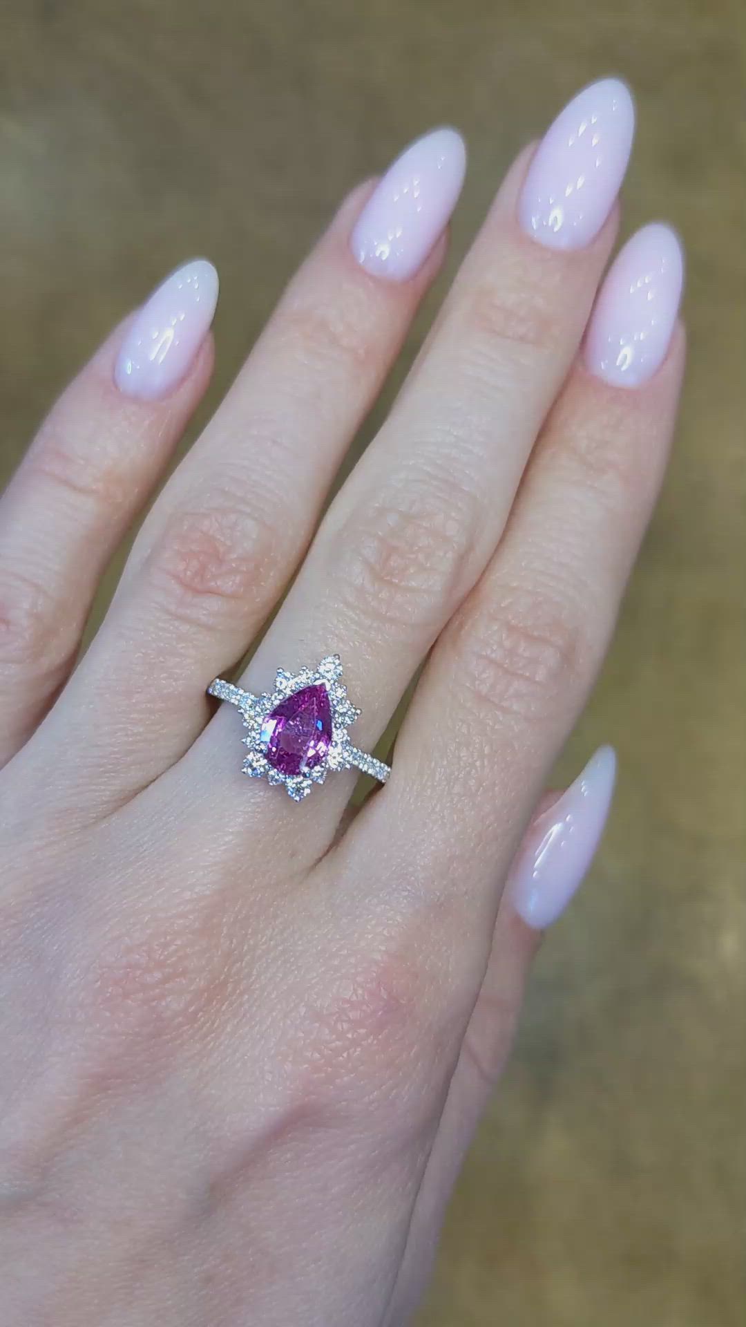 1.56 Ct. Pink Sapphire and Natural Diamond Pave Ring, 18K White Gold Size Video
