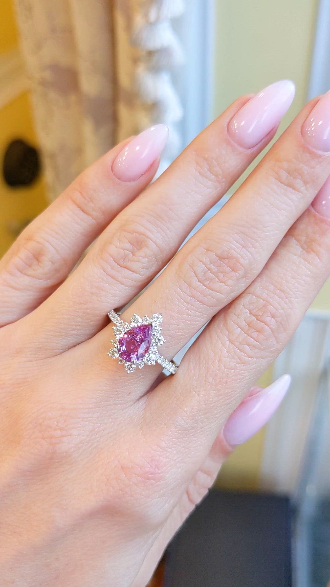 1.56 Ct. Pink Sapphire and Natural Diamond Pave Ring, 18K White Gold Size Video