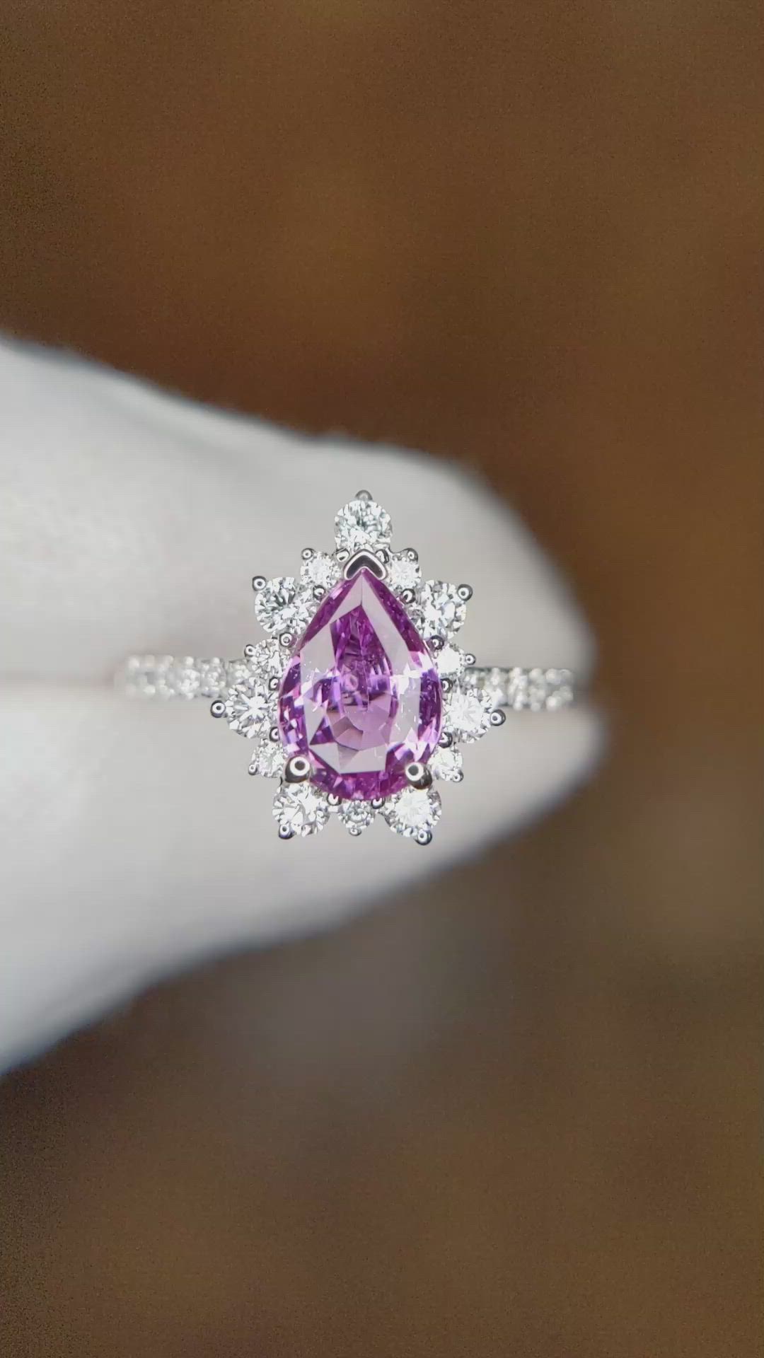 1.56 Ct. Pink Sapphire and Natural Diamond Pave Ring, 18K White Gold Size Video
