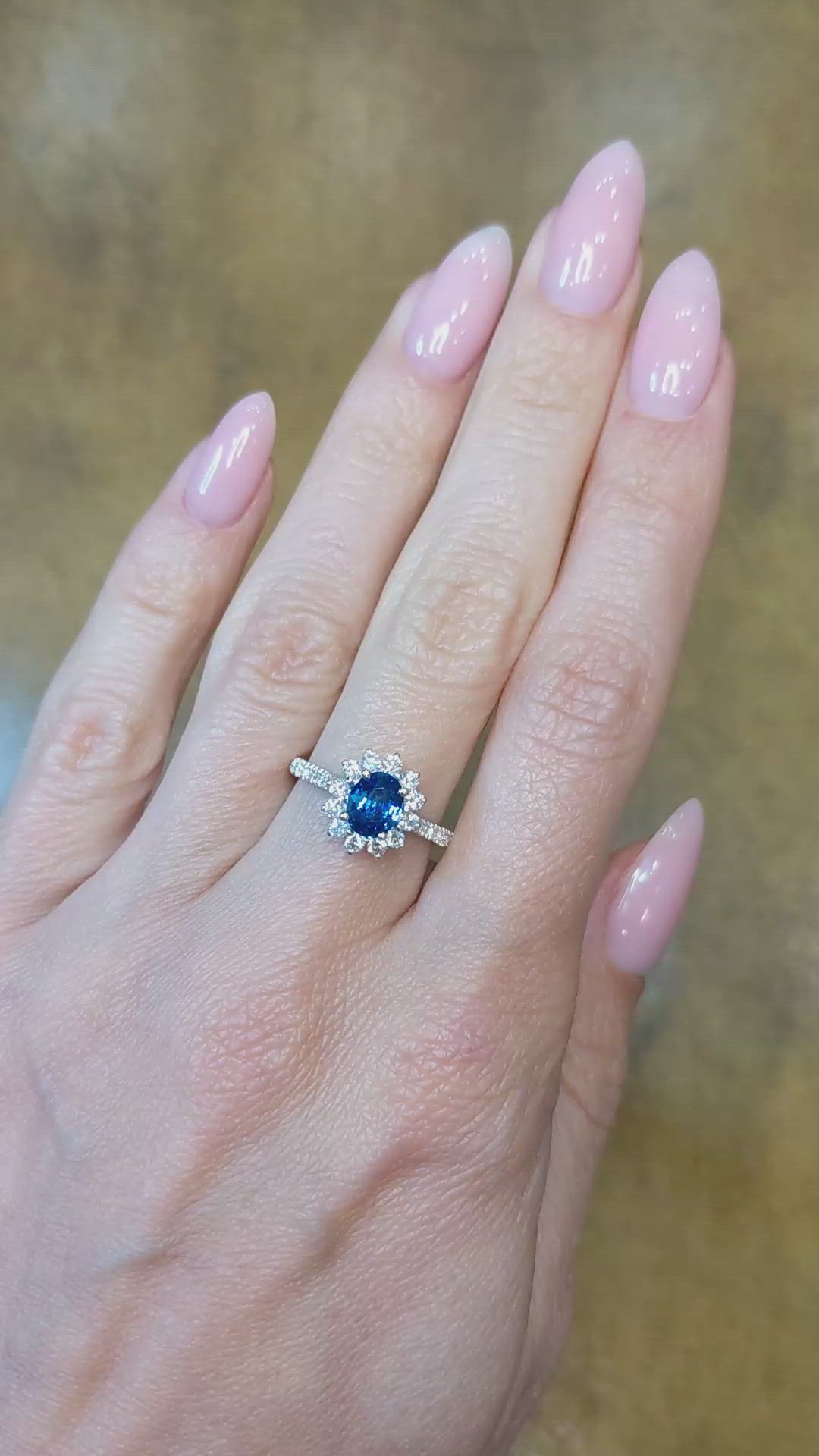 1.03 Ct. Blue Sapphire and Natural Diamond Pave Ring, 14K White Gold Size Video
