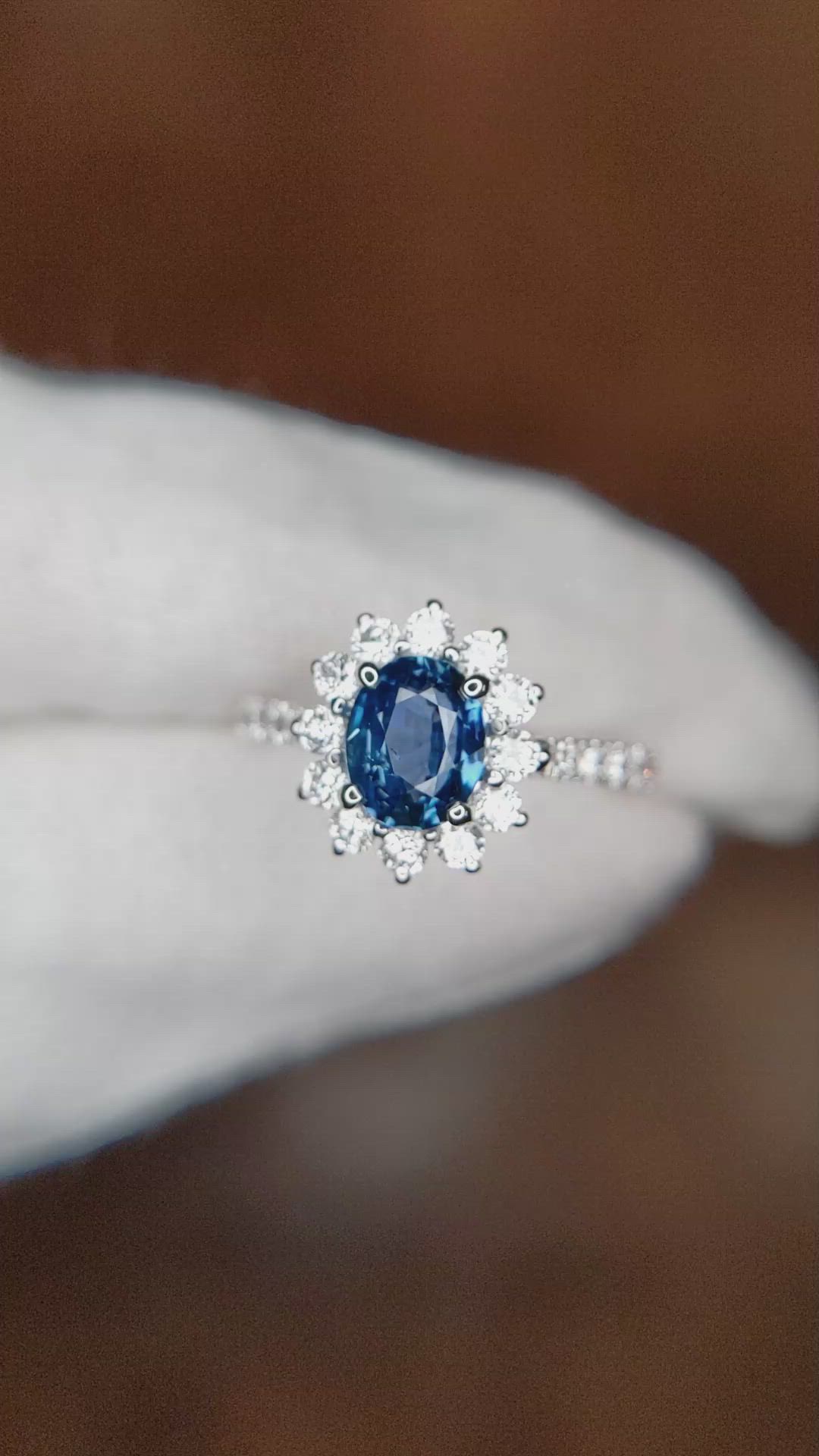 1.03 Ct. Blue Sapphire and Natural Diamond Pave Ring, 14K White Gold Size Video