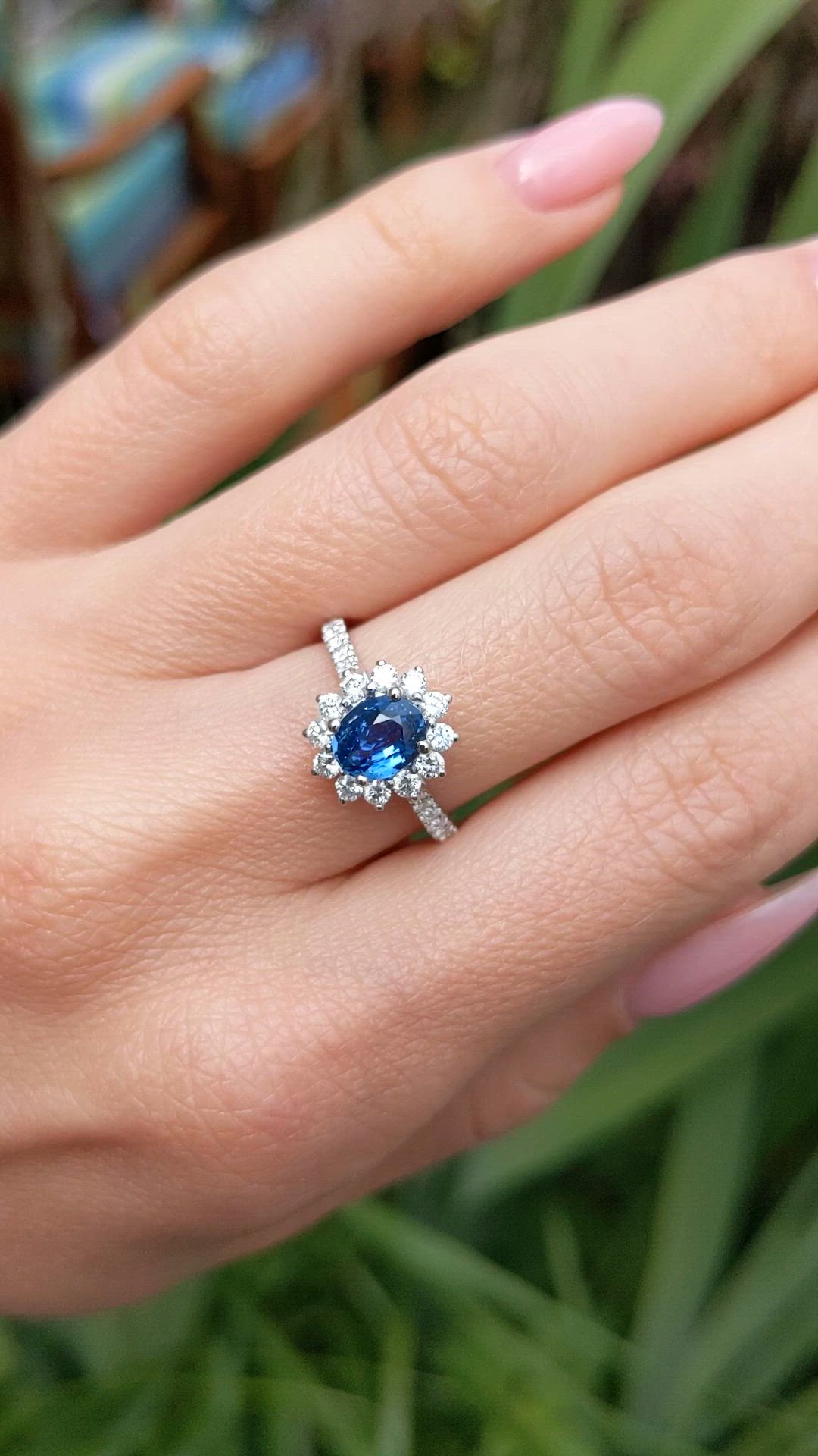 1.03 Ct. Blue Sapphire and Natural Diamond Pave Ring, 14K White Gold Size Video