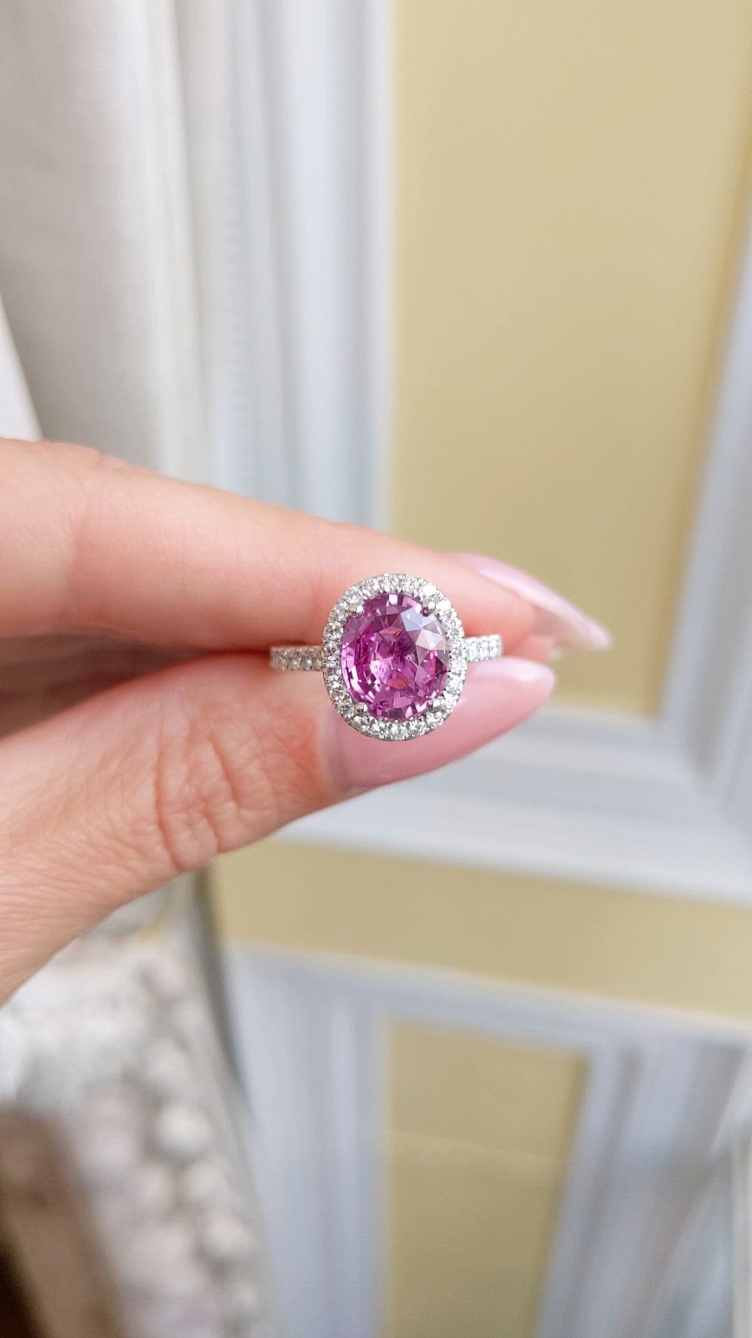 3.08 Ct. Pink Sapphire and Natural Diamond Pave Ring, 14K White Gold Size Video