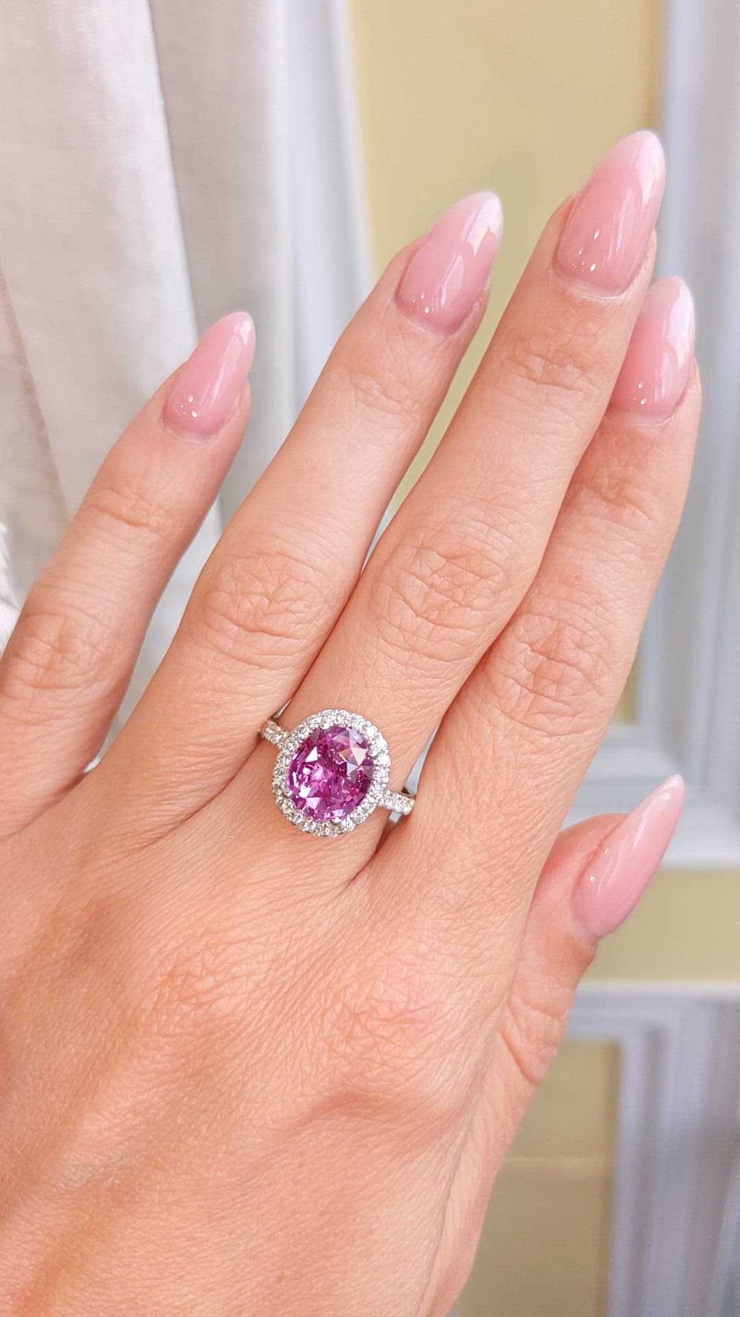 3.08 Ct. Pink Sapphire and Natural Diamond Pave Ring, 14K White Gold Size Video