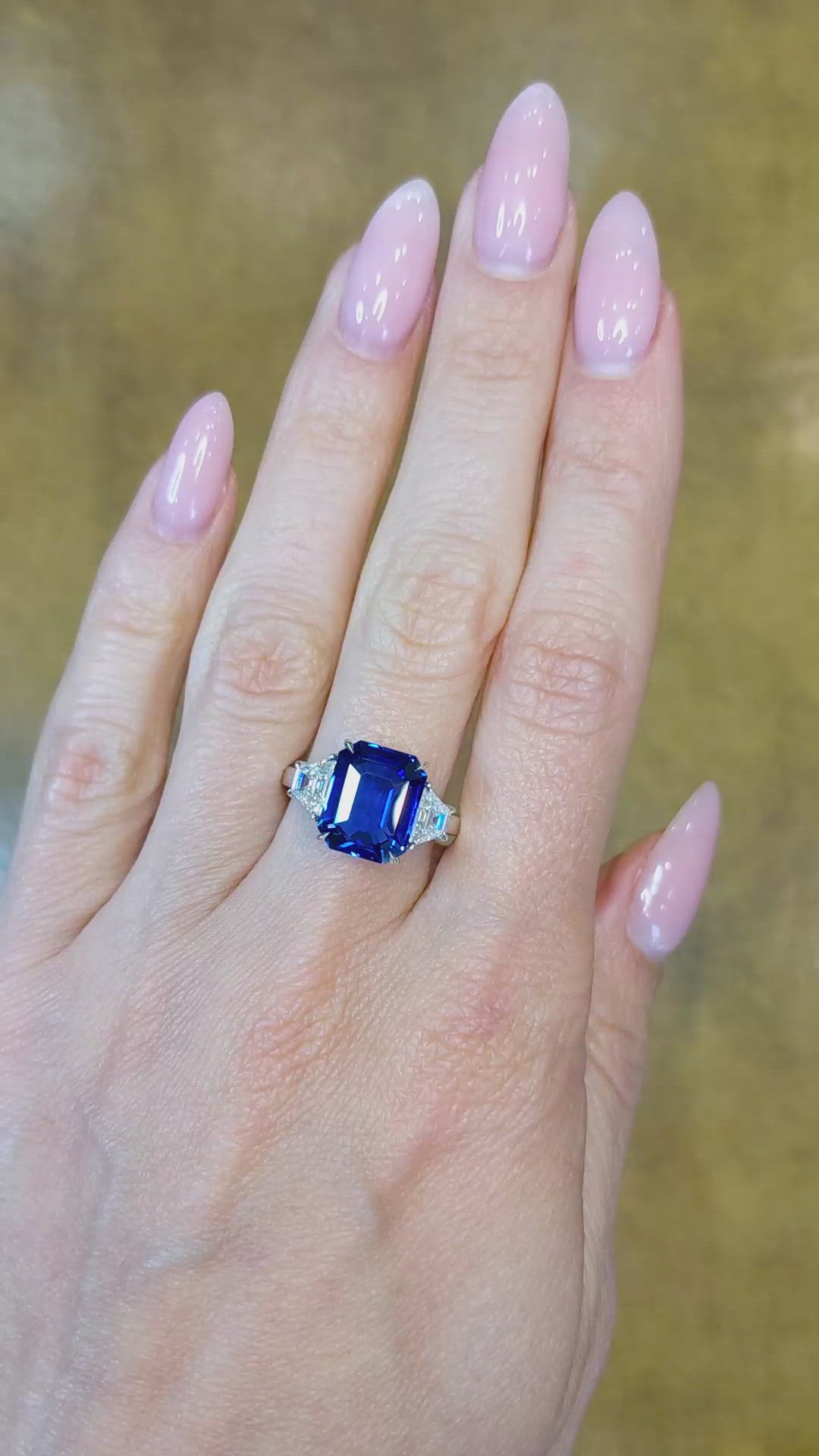 6.10 Ct. Blue Sapphire and Natural Diamond Three Stone Ring, 18K White Gold Size Video