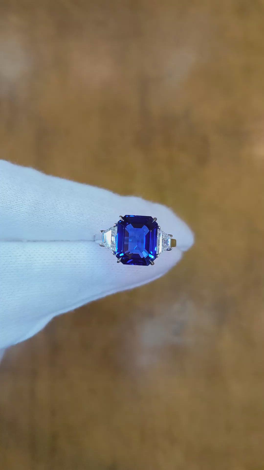 6.10 Ct. Blue Sapphire and Natural Diamond Three Stone Ring, 18K White Gold Size Video