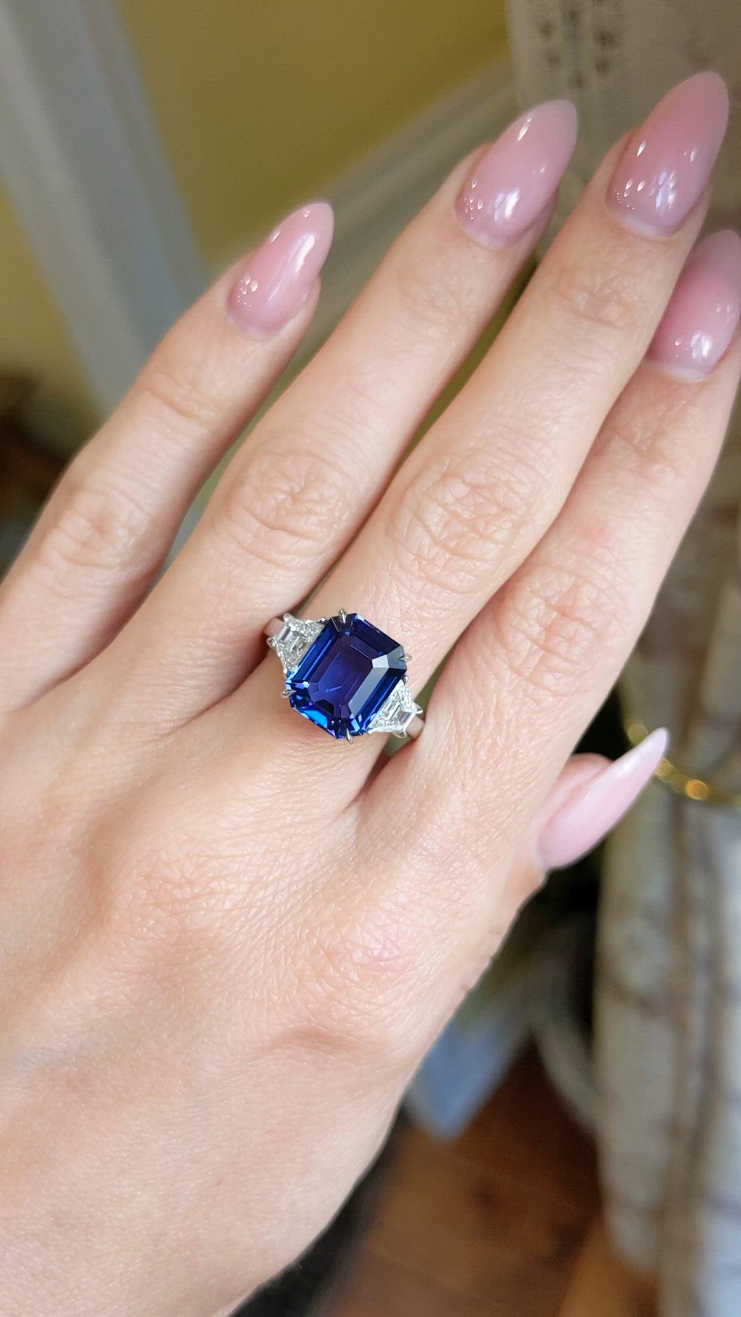 6.10 Ct. Blue Sapphire and Natural Diamond Three Stone Ring, 18K White Gold Size Video
