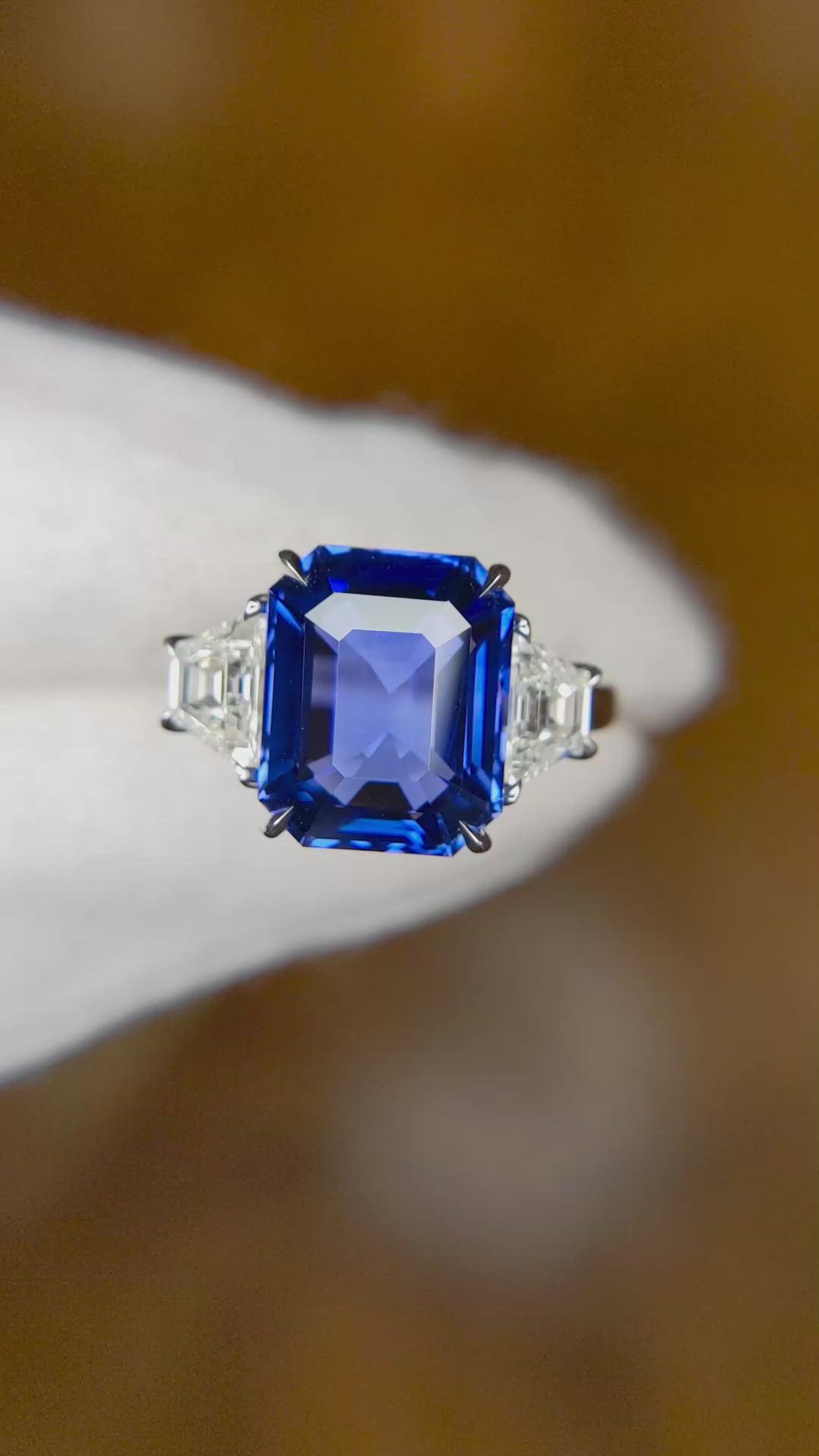6.10 Ct. Blue Sapphire and Natural Diamond Three Stone Ring, 18K White Gold Size Video