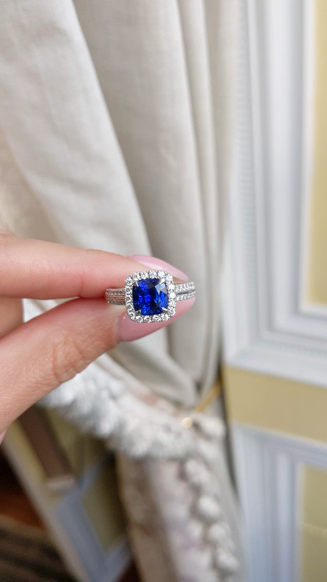 2.74 Ct. Blue Sapphire and Natural Diamond Pave Ring, 18K White Gold Size Video