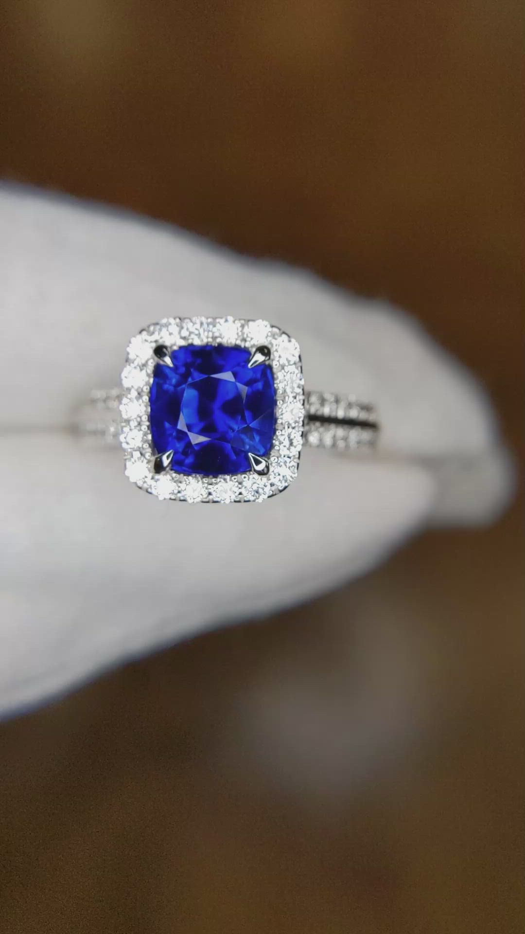 2.74 Ct. Blue Sapphire and Natural Diamond Pave Ring, 18K White Gold Size Video